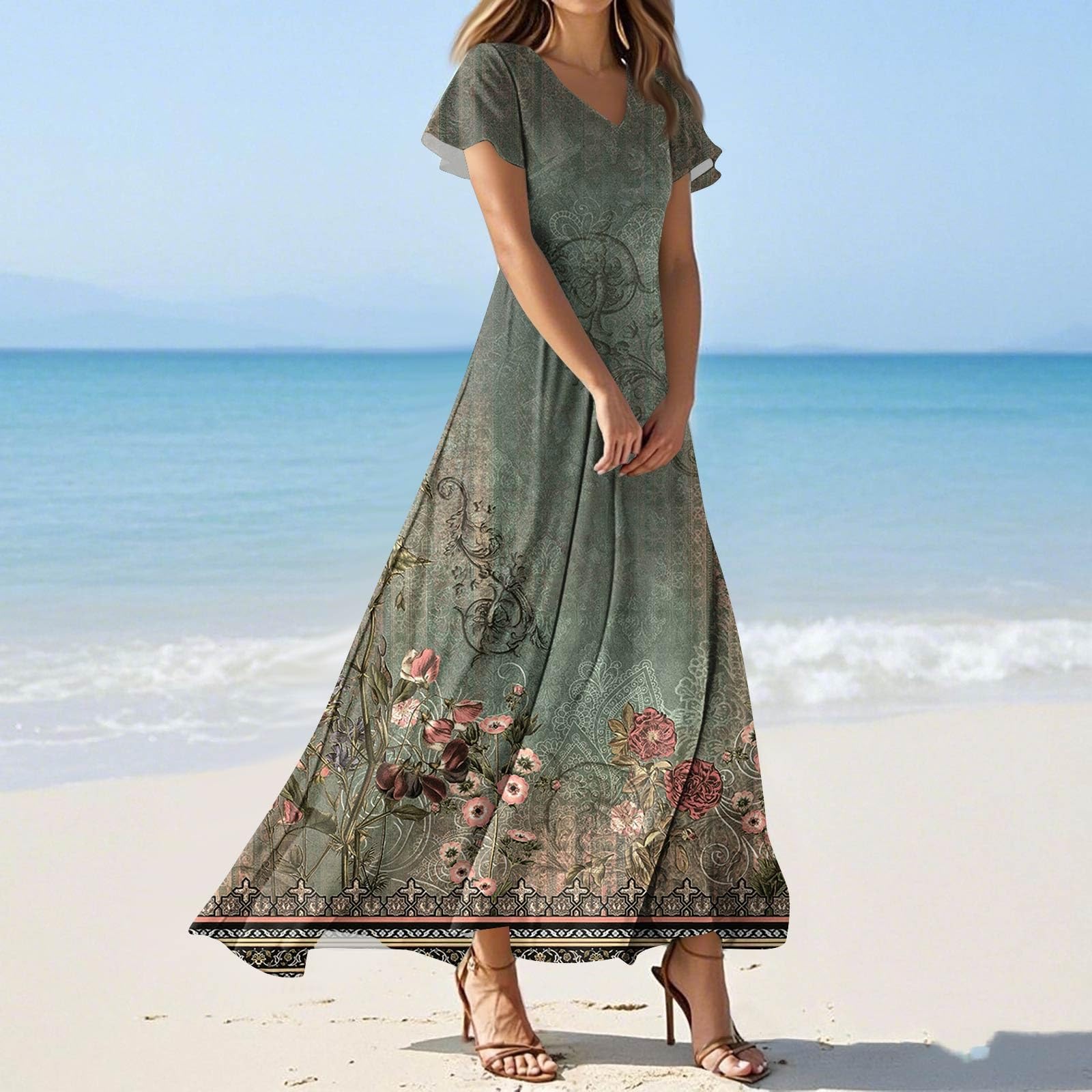 Amazon.com: Women's Summer Dresses Elegant V Neck Short Sleeve Long Dress  Solid Color/Floral Print Cocktail Dress(#36army Green,Medium) : Clothing,  Shoes & Jewelry