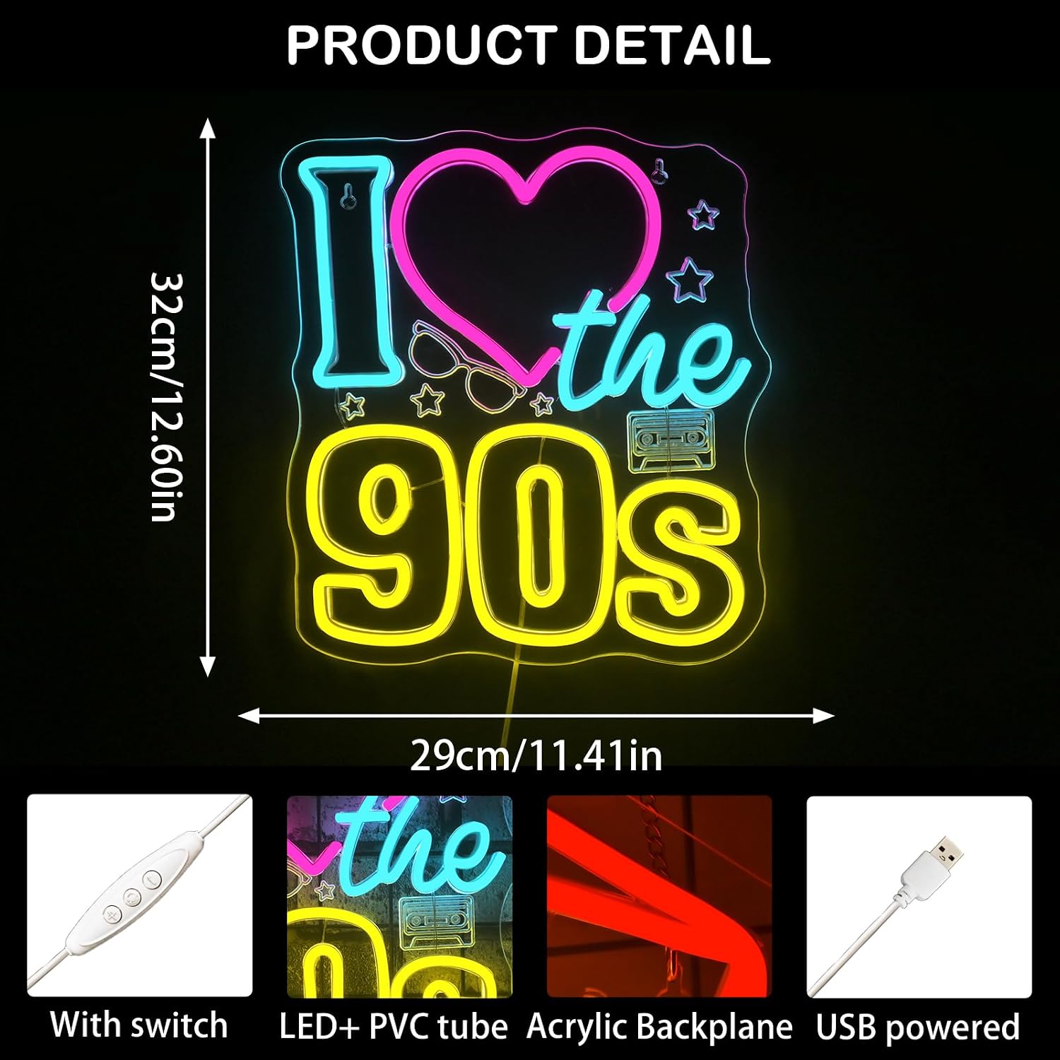 Looklight I Love the 90s Neon Sign Dimmable Back To The 90'S Led Signs for Wall Decor Colorful Neon Light Sign 90S Party Bar Live House 90's Background Retro Decorations 11.41''x 12.6''