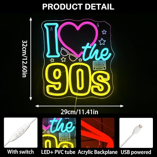 Miniatura 6 de Looklight Letrero de neón con texto en inglés "I Love the 90s", regulable, de regreso a los 90, para decoración de pared, letrero de luz de neón