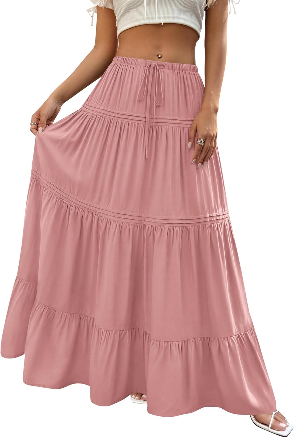 BTFBM Spring Skirts for Women 2026 Summer Boho Beach Vacation Clothes Casual Pleated High Waisted Flowy Maxi Skirt - Image 8