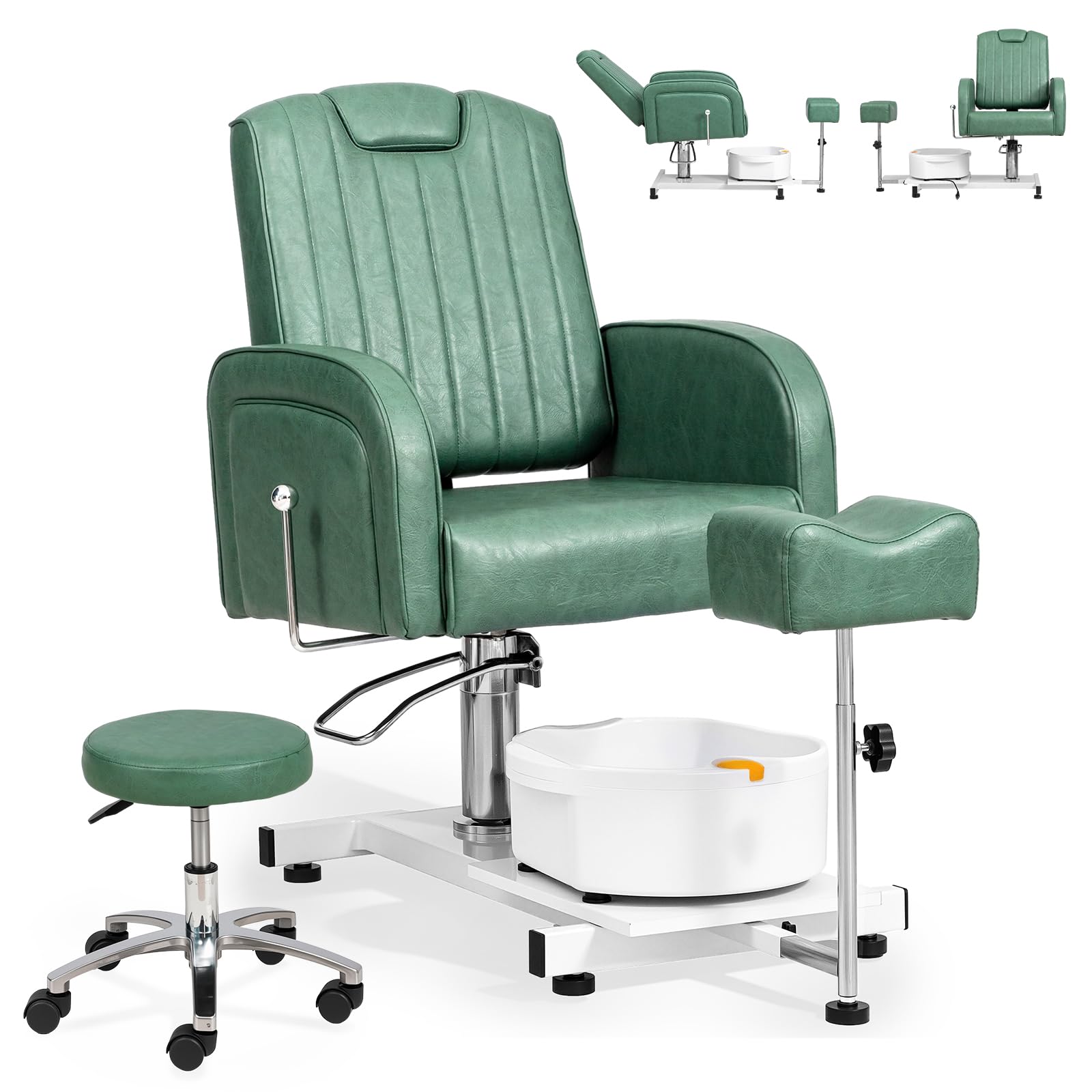 OmySalon Pedicure Chair No-Plumbing with Bubble Foot Bath & Stool, 360° Rotation Hydraulic Adjustable Seat for Nail Tech Beauty Salon & Home Use(Green)