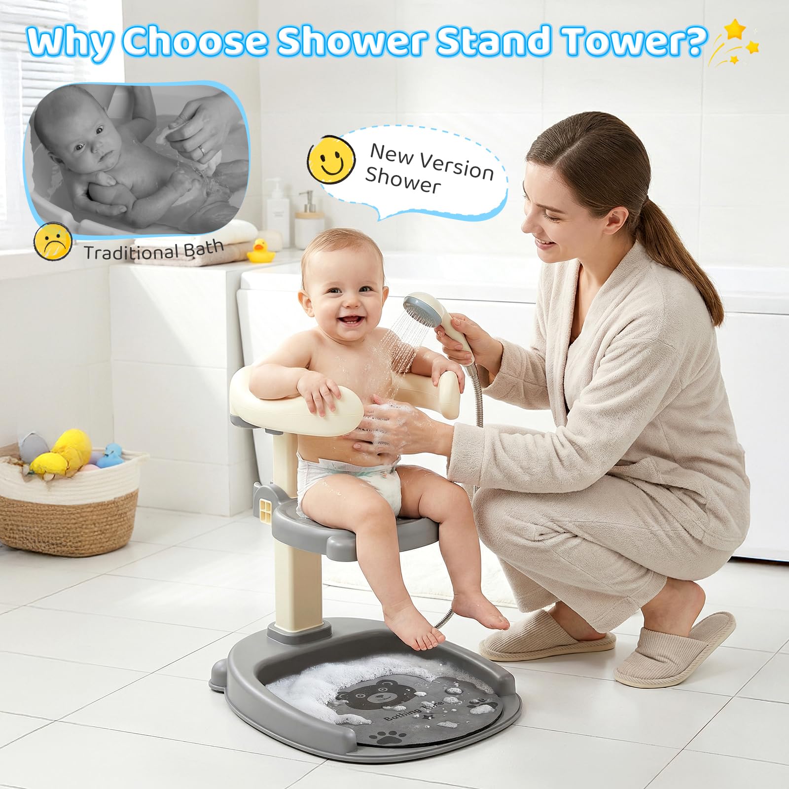 Supporto per Doccia per Bambini 2 En 1,Soporte De Baby Shower,Con Soporte Para Cabezal De Ducha,Altura Ajustable,Con Piso Sin Deslizamiento Y Mango De Seguridad,Soporte De Ducha Durante 8-36 Meses