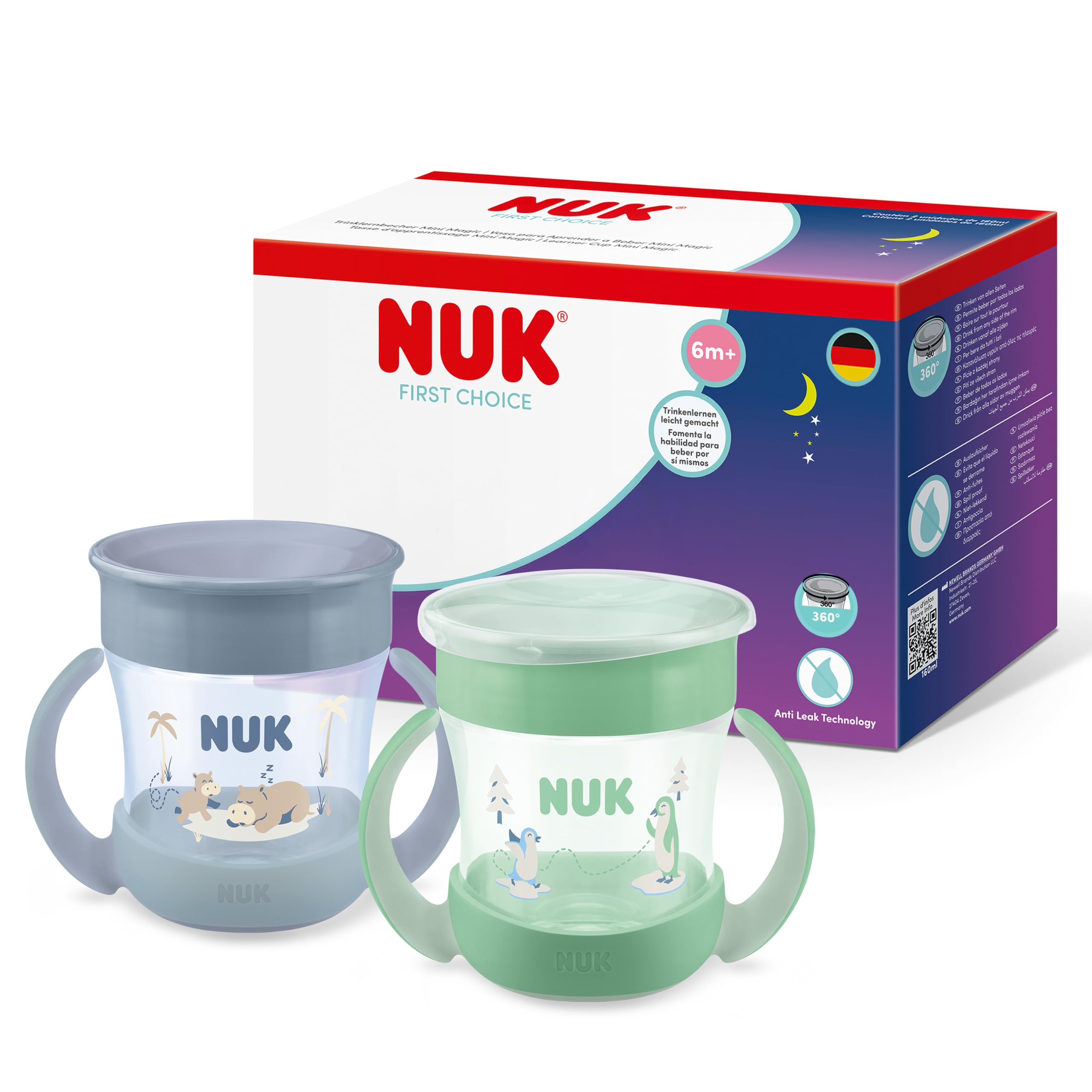 NUK Mini Magic Cup Set | 6+ Months | 160ml | 360° Anti-Spill Rim | Toddler Bottle with Anti-Slip Handles | Standard & Glow in the Dark Sippy Cup | Hippo & Penguin | 2 Count