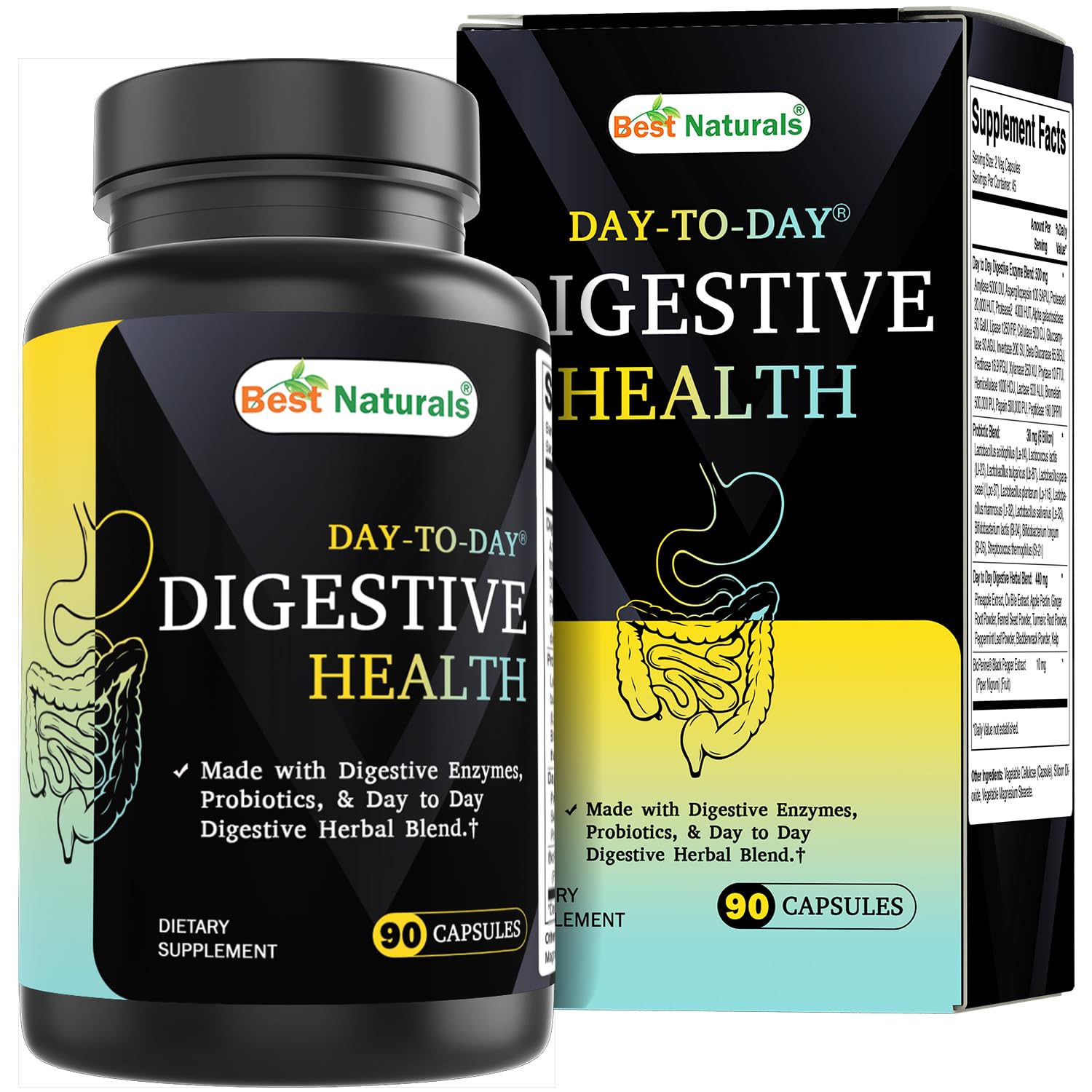 Best Naturals Day-to-Day Digestive Support 90 Veg Capsules - Made with Digestive Enzymes, Probiotics, & Herbal Blend - Made in the USA 90 Count (Pack of 1)