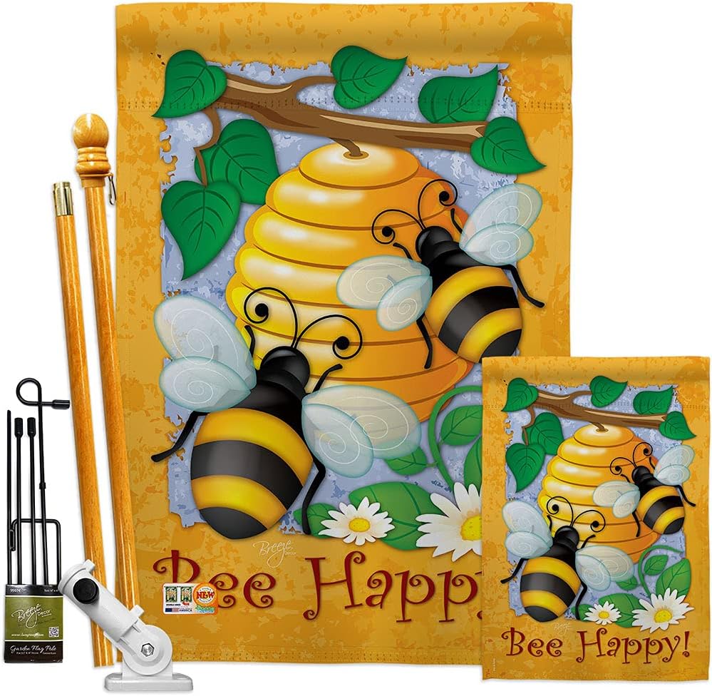 Bee Happy House Flag Garden Friends Butterfly Ladybugs Dragonfly Springtime Insect Natural Wildlife Small Decorative Gift Yard Banner Made In USA 28 X 40