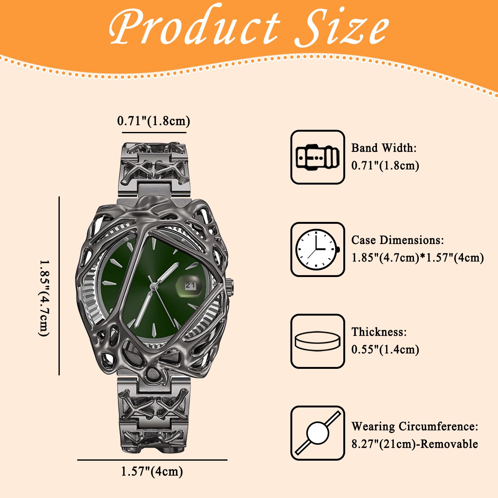 JewelryWe Orologio da uomo punk Y2K nero quadrante verde quarzo data cinturino rimovibile | Cinturino staccabile in lega, look streetwear, festival musicali, feste a tema, serate in discoteca, abiti cyberpunk