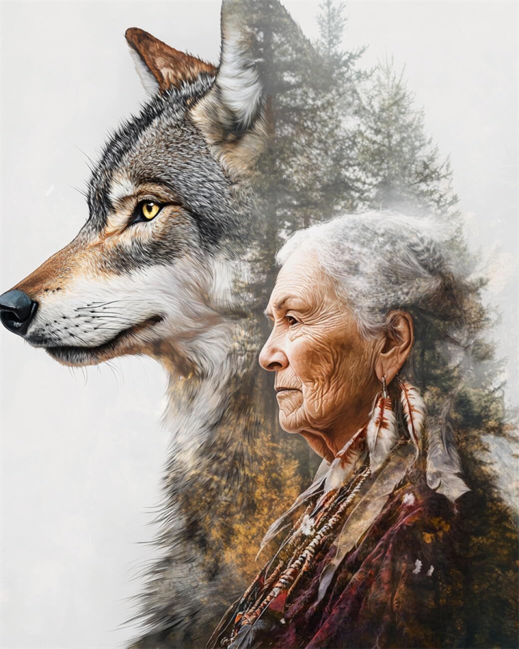 RKFLGEW Animal 14CT Pre Printed Cross Stitch Kits Indians and Wolves Needlepoint Counted Kits Embroidery Set Arts and Crafts for Home Decor 40x50cm