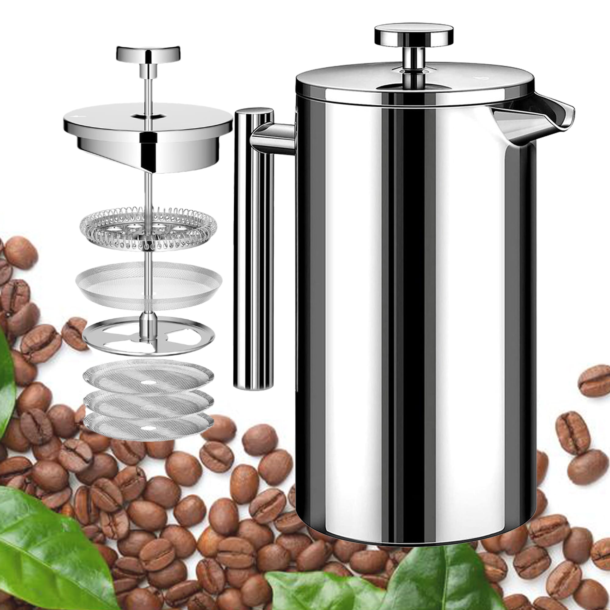 French Press - Caffettiera da 1,5 litri, in acciaio inox, a doppia parete, isolata, con 3 filtri extra (argento, 1500 ml, 6-8 tazze)