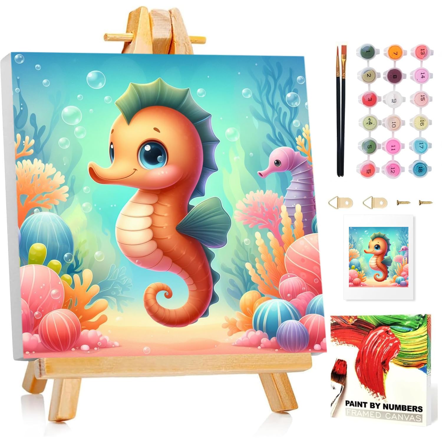 Malen Nach Zahlen Kinder mit Rahmen, Seepferdchen Malen nach zahlen kinder ab 5 6 7 8 9 10 Jahre, Malset mit Rahmen, Pinsel und Acrylfarben, Geschenk für Mädchen und Jungen, mit Glitzer 20x20cm