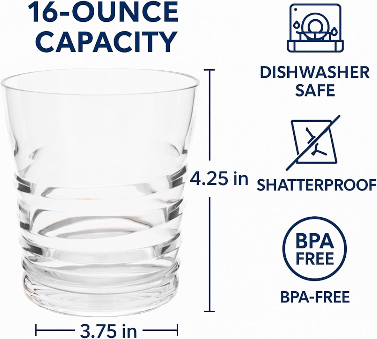 NuGlass 16 oz Unbreakable Tritan Ribbed Drinking Glasses, Set of 6 – Clear Shatter-Resistant Tumblers, BPA-Free Dishwasher-Safe Plastic Cups for Everyday Dining, Patio and Outdoor Use
