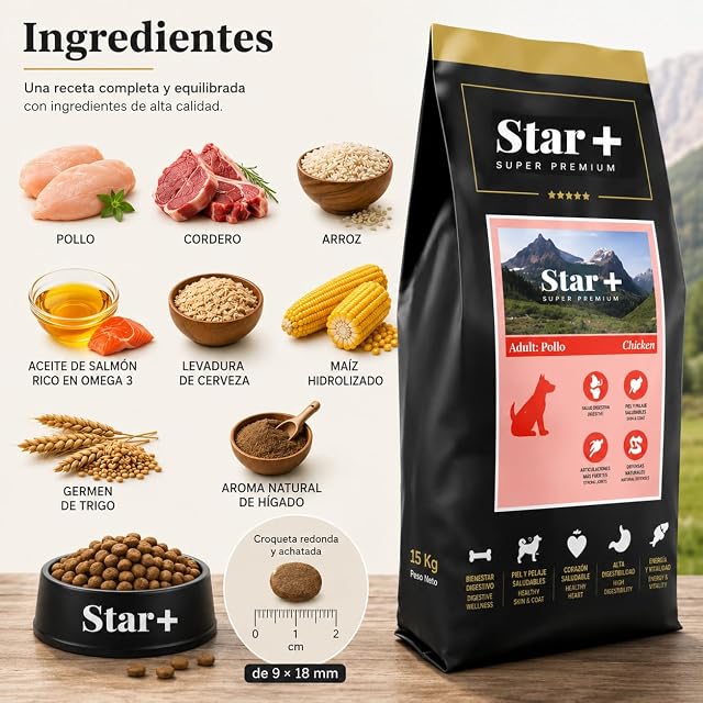 Foto 2 de 7 de POPAS Star+ Super Premium - Pienso para Perros Adultos, Pollo y Cordero con Arroz, 27% de Proteína, Alimento…
