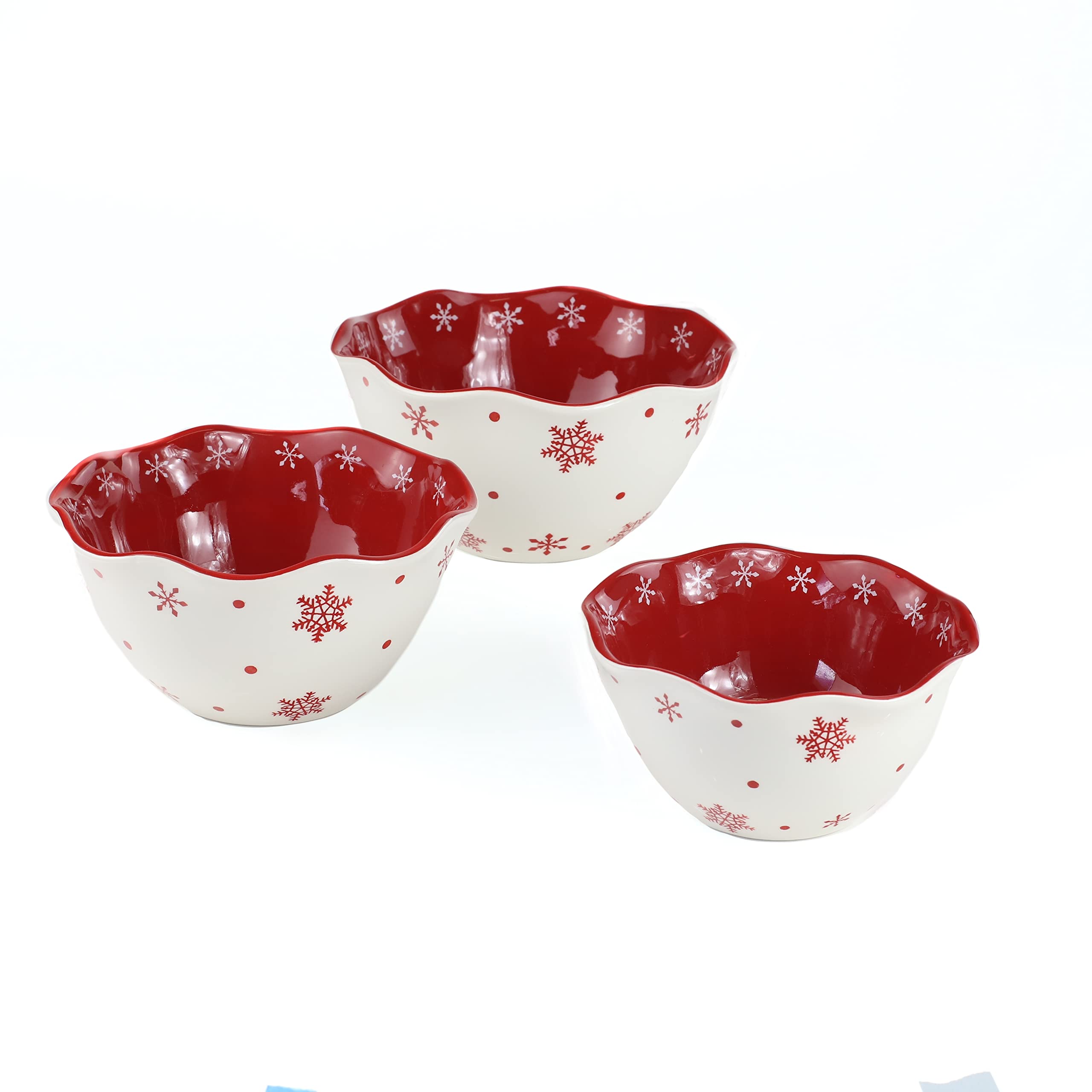 Euro Ceramica Winterfest Christmas Collection, 3-Piece Stacking Serving Bowls Set, Snow Flake Design, Snowflake (WFT-86824)