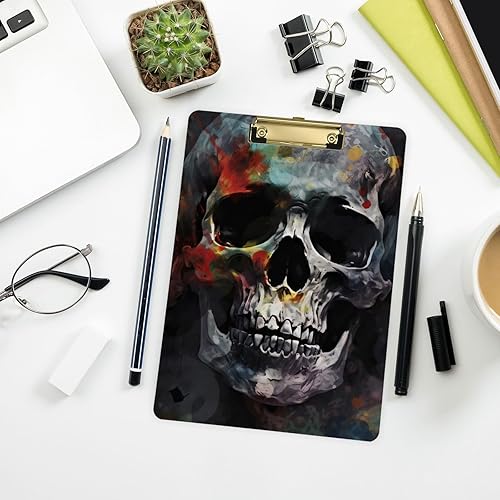 Miniatura 8 de Vnurnrn Portapapeles de plástico de calaveras coloridas con gancho tamaño A4 12.5 X 9 pulgadas clip de plata para dibujo oficina