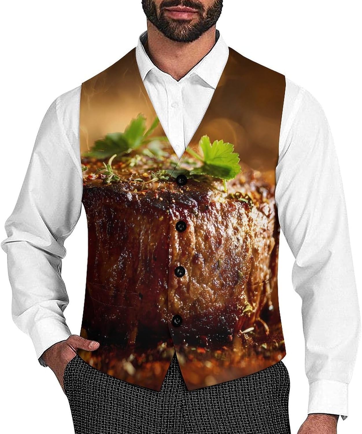 Food Steak Cooking Men's Suit Vest Formal Vests Casual Dress Fit Waistcoat Casual Tuxedo for Business