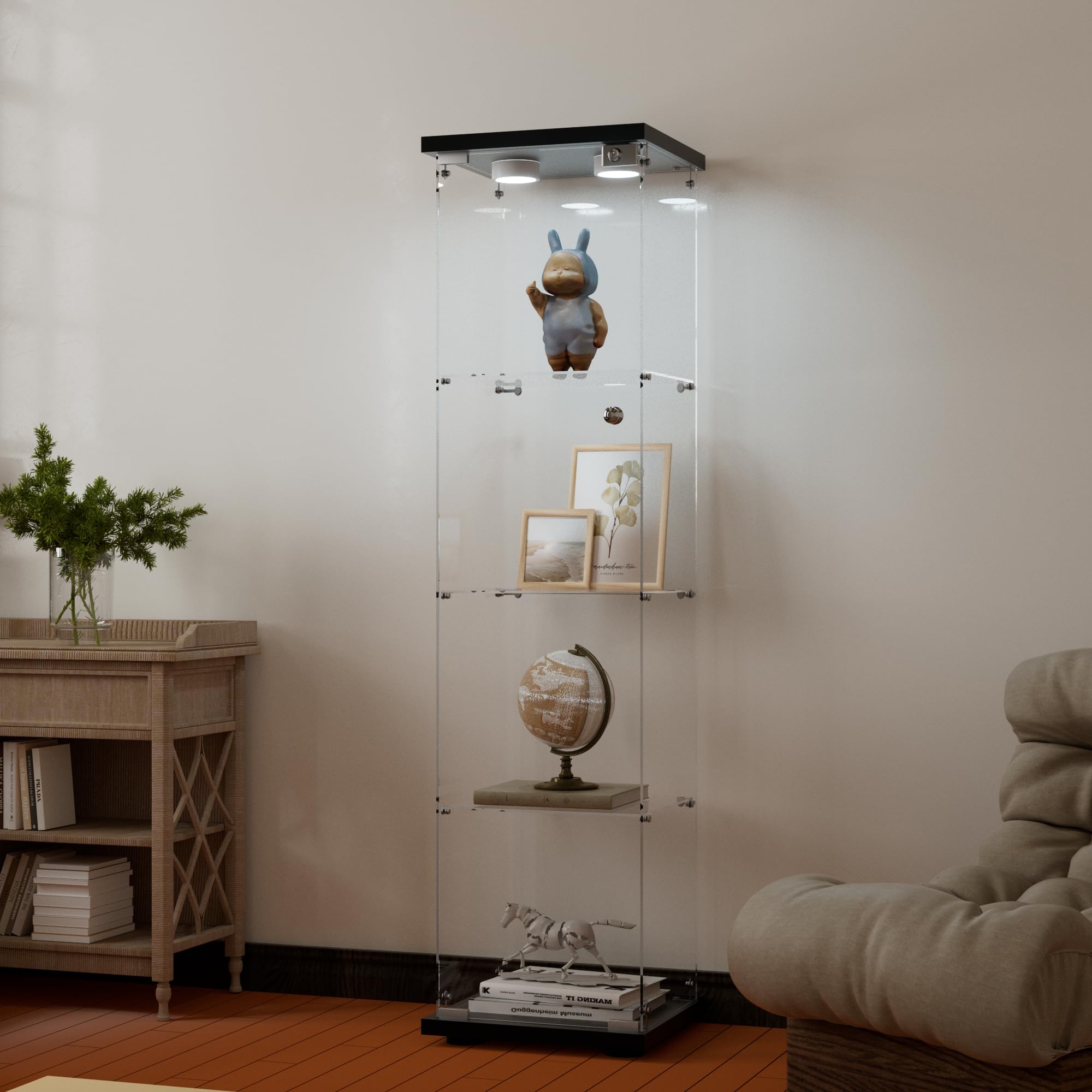 Glasvitrine Standvitrine mit LED in Schwarz, 164x42.5x36.5CM Modern Glas Vitrine Weißes Holzbrett mit 4 Böden aus ESG für Sammlerstücke Bücher Wein