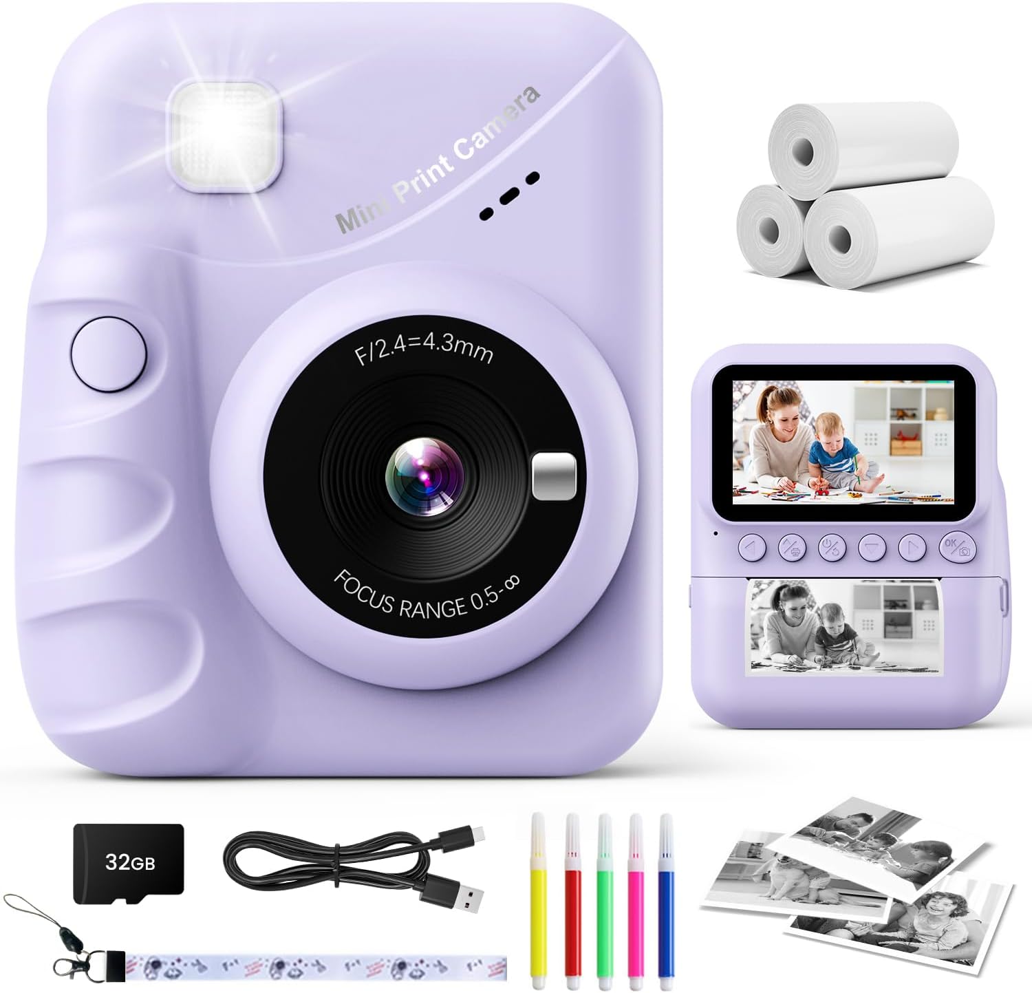 Kids Camera Instant Print, 3.0” Screen 48MP Photo Instant Camera for Kids with 32GB Card, 1080P HD Digital Child Printable Camera, Gift for 3-12 Year Old Girls Boys (Purple)