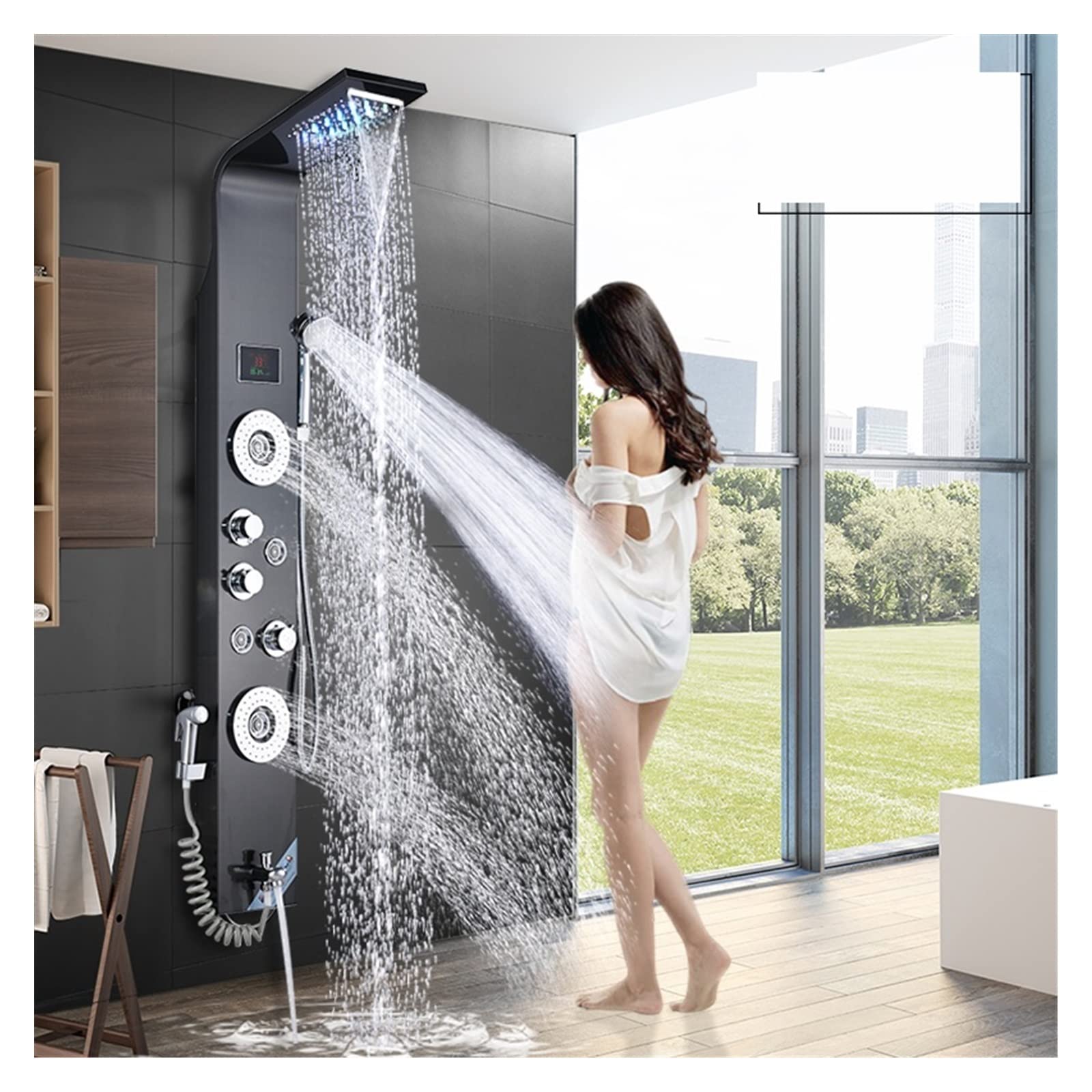 Rubinetto for Doccia con Luce a LED Nera Bagno Spa Massaggio Doccia a Getto Colonna Cascata Pannello Doccia a Pioggia Bidet Spruzzatore Rubinetto(8009 Black B)