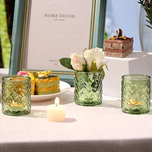 Vista 4 de LAMORGIFT 12 PCS Green Votive Candle Holders - Green Candle Holders, Sage Green WeddingDecor, Green Tealight Candle Holder for Party Centerpieces