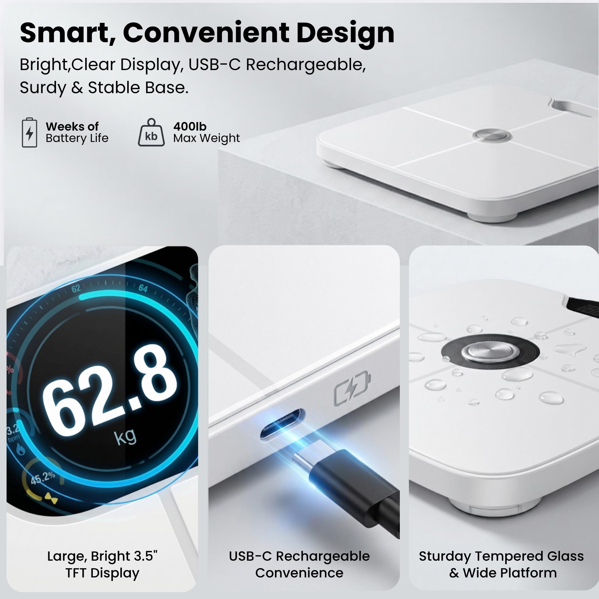 Báscula digital de peso corporal inteligente de alta calidad, 8 electrodos, más de 56 métricas, recargable, WiFi y Bluetooth, análisis de cuerpo completo, seguimiento de la grasa corporal, masa