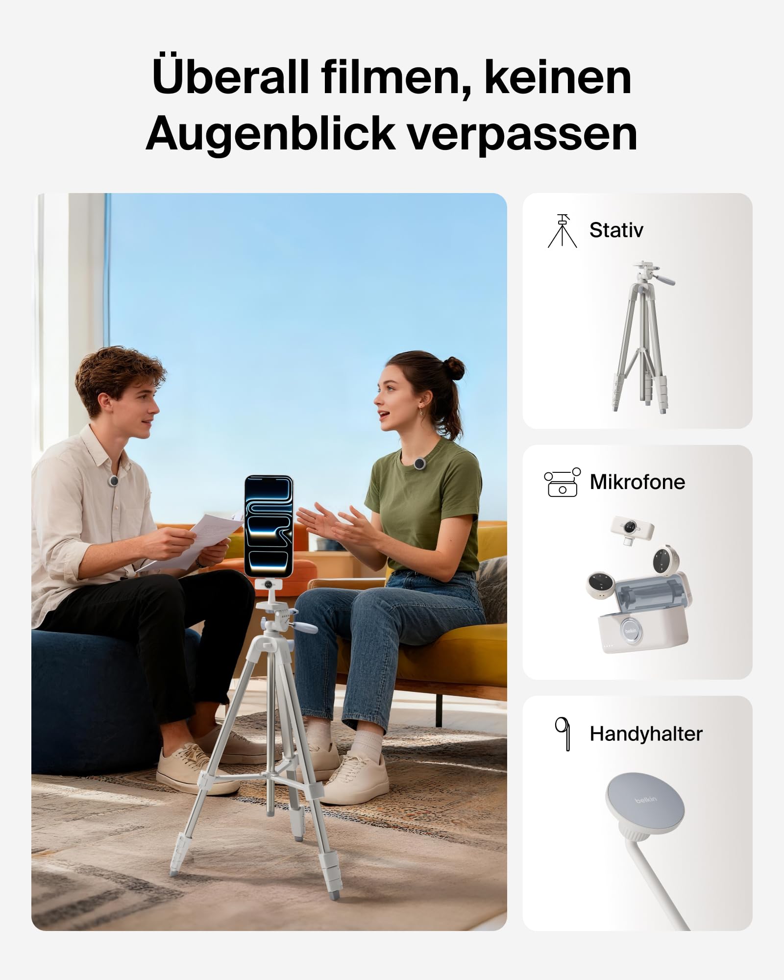 Belkin Stage Creator Kit, Vlogging-Kit, Stativ für Smartphone, magnetische Handyhalterung, Zwei kabellose Mikrofone, Set für Vlogger, für iPhone, Android, TikTok, YouTube, Streaming, Instagram