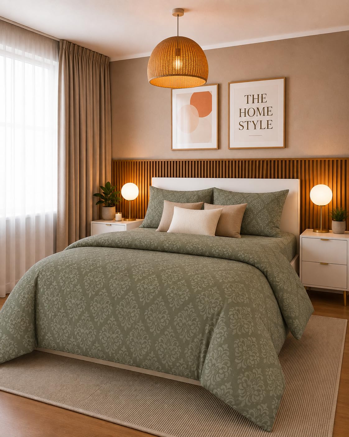 THE HOME STYLE Supersoft Glace Cotton Elastic Fitted All Around King Size Printed Double Bedsheet with 2 Pillow Cover & King Size Comforter/Duvet/Blanket (72"x78" + Comforter, Olive Green Barocca)