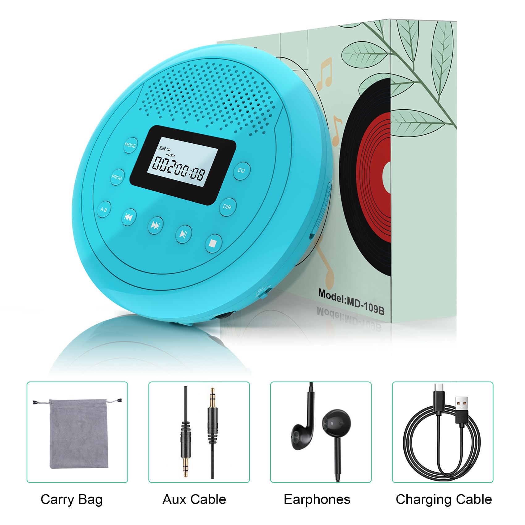 Tragbarer Klein CD Player mit Lautsprecher für Auto Hörbücher Musikhören | Anti-Skip, 1400mAh Akku für 10 Stunden Spielzeit, Unterstützung der TF Card