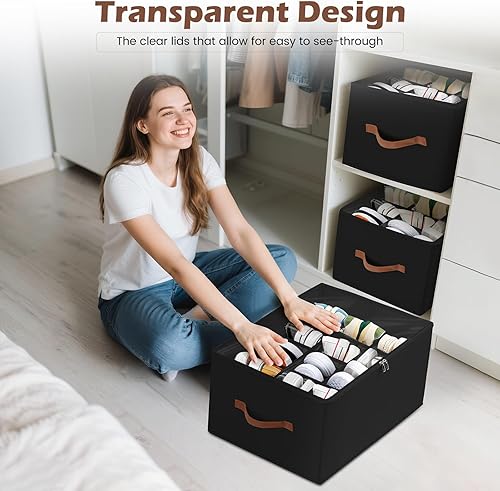 Miniatura 4 de Organizador de zapatos plegable para armario, caja organizadora de almacenamiento de zapatos con cubierta transparente y asas resistentes,