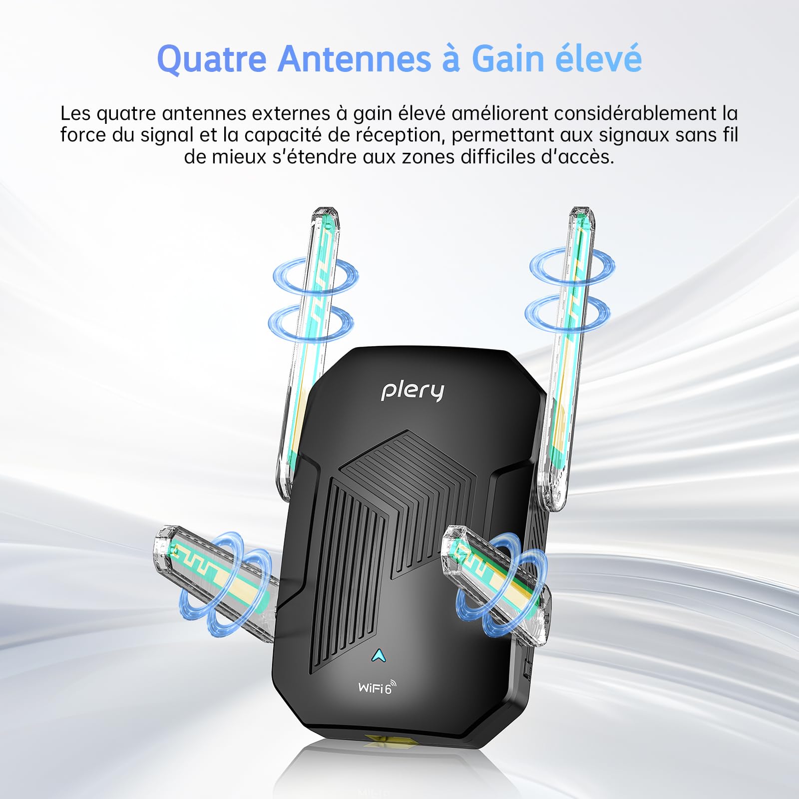 Repeteur WiFi Amplificateur WiFi Puissant Répéteur WiFi 6 AX1500 Double Bande 2.4G et 5G avec Port Ethernet, WPS, WPA3, 4 Antennes WiFi Repeater Compatible avec Toutes Les Box Internet