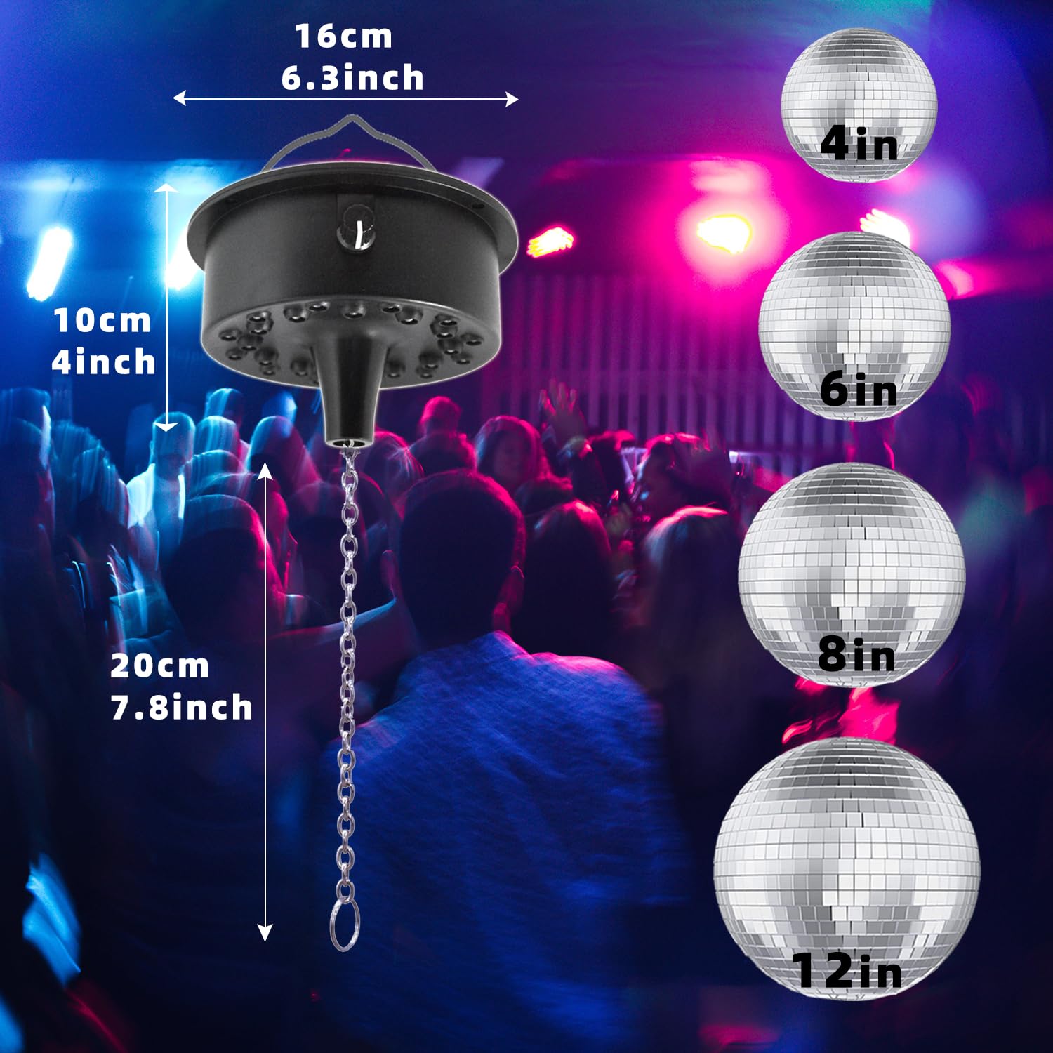 5 RPM-9 RPM Adjustable Mirror Ball Rotating Motor with 24 RGB Led Light for 4 6 8 12