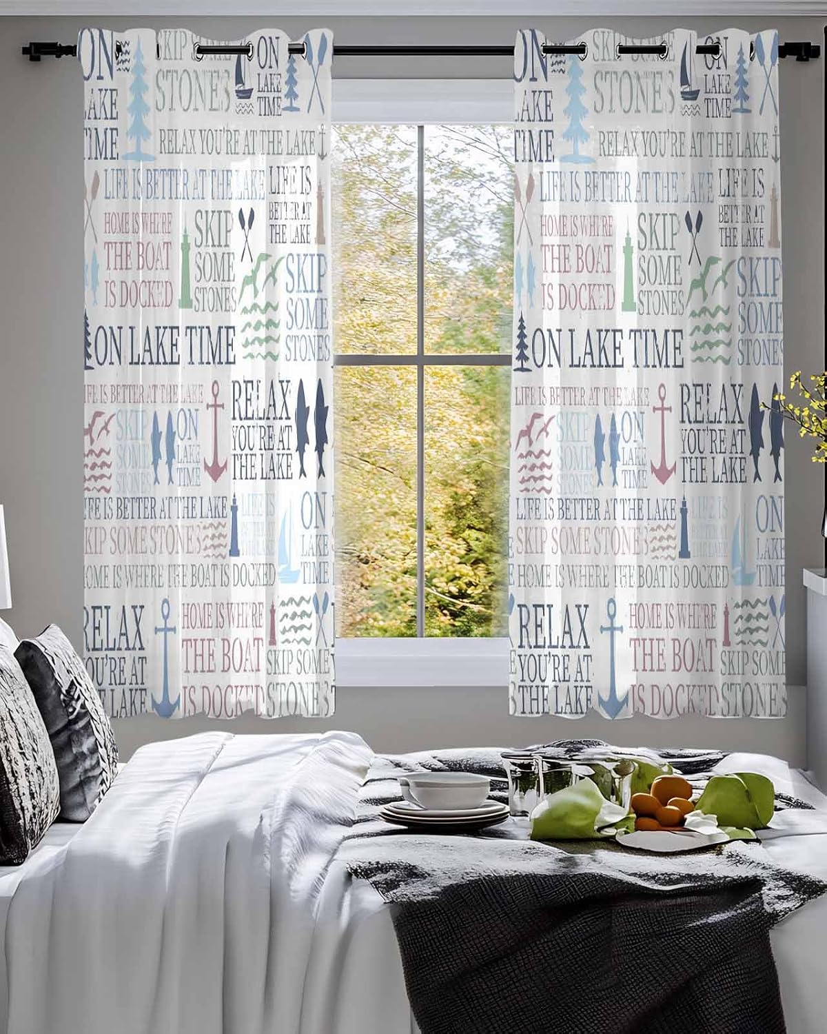Lake Life Sheer Curtains 39 Inch Long 2 Panels, Colorful Word Pine Tree Boat Paddle Lighthouse Fish Light Filtering Semi Sheer Drapes Grommet Voile Window Curtain for Living Bedroom W27.9 x L39 image 4