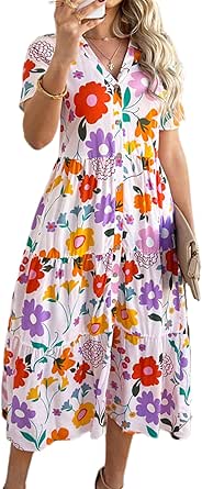 Verdusa Women's Floral Ruffle Midi Dress - Boho A-Line Short Sleeve Summer Dress