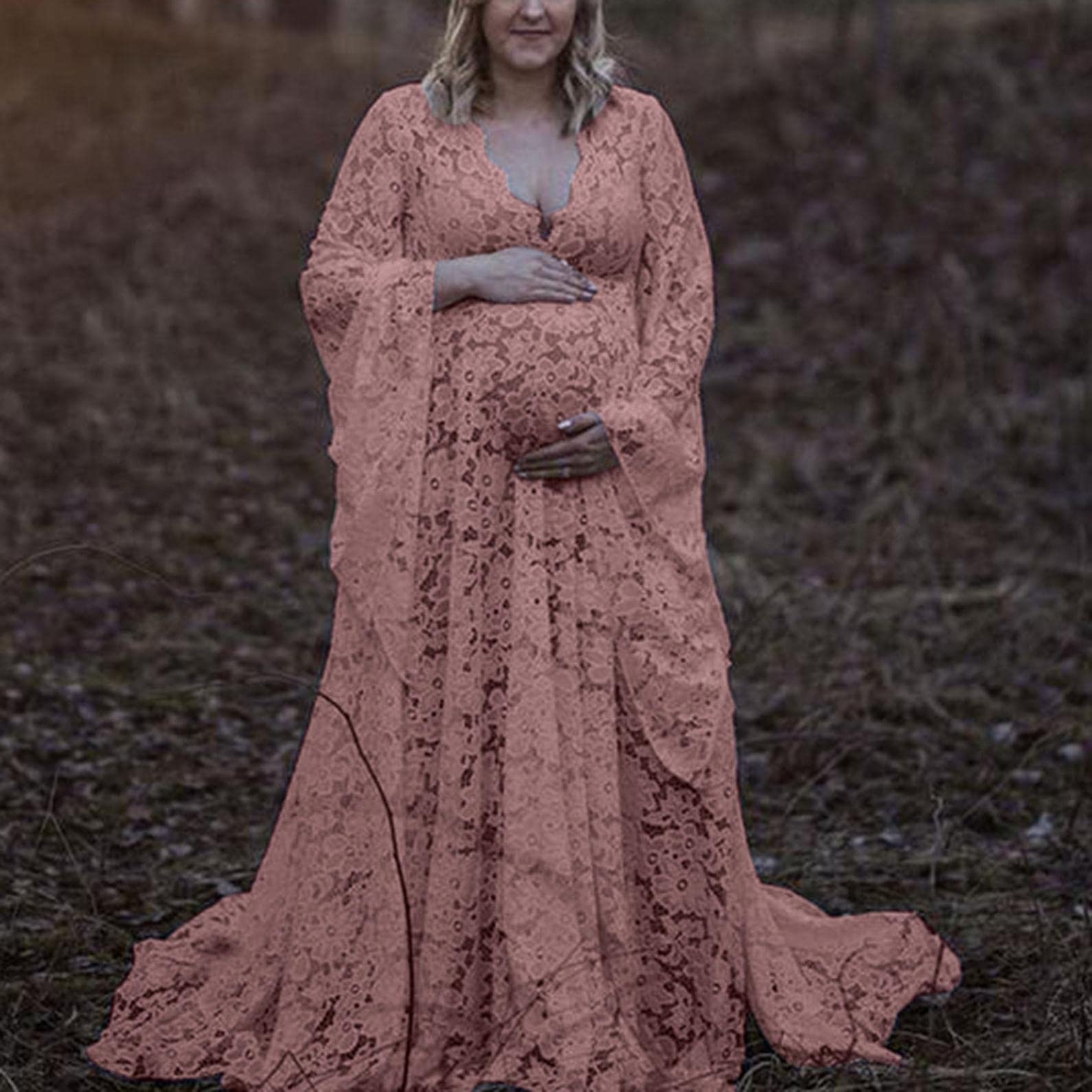 Schwangerschaftskleid Shooting Foto V-Ausschnitt Ausgestellte Ärmel Spitze Transparent Schwangerschaftskleid Boho Maxi Schwanz-Kleid mit geteiltem Schwanz lockerer Größe