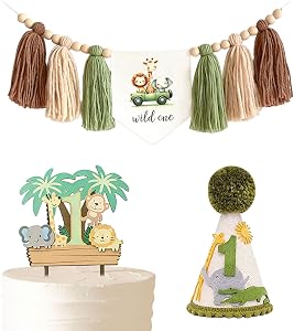1st Birthday Highchair Banner Decorations, Wild One High Chair Banner With Green Wood Bead Tassel Garland Crown Hat and Cake Topper for Party Photoshoot Props Birthday Party Decorations