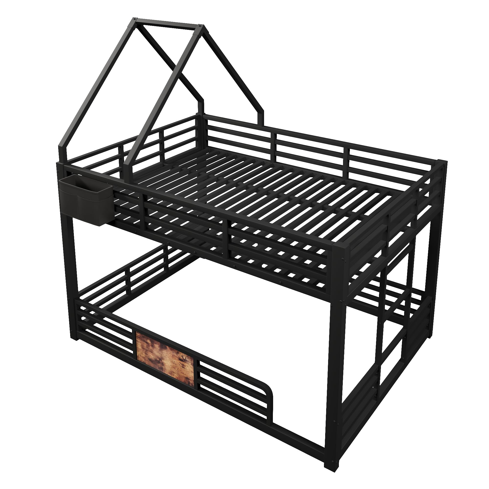 Etagenbett 140x200 cm aus Metall, Hausbett-Design, Dachrahmen, Stofftaschen-Aufbewahrung & Sicherheitsgeländer, Schwarz