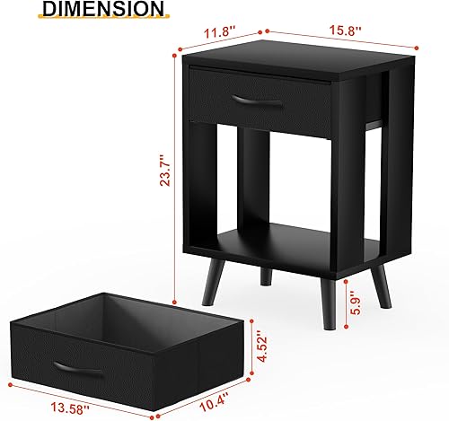Miniatura 3 de GYIIYUO Juego de 2 mesitas de noche con cajón de almacenamiento de tela y estante de madera abierto, mesa auxiliar con almacenamiento para