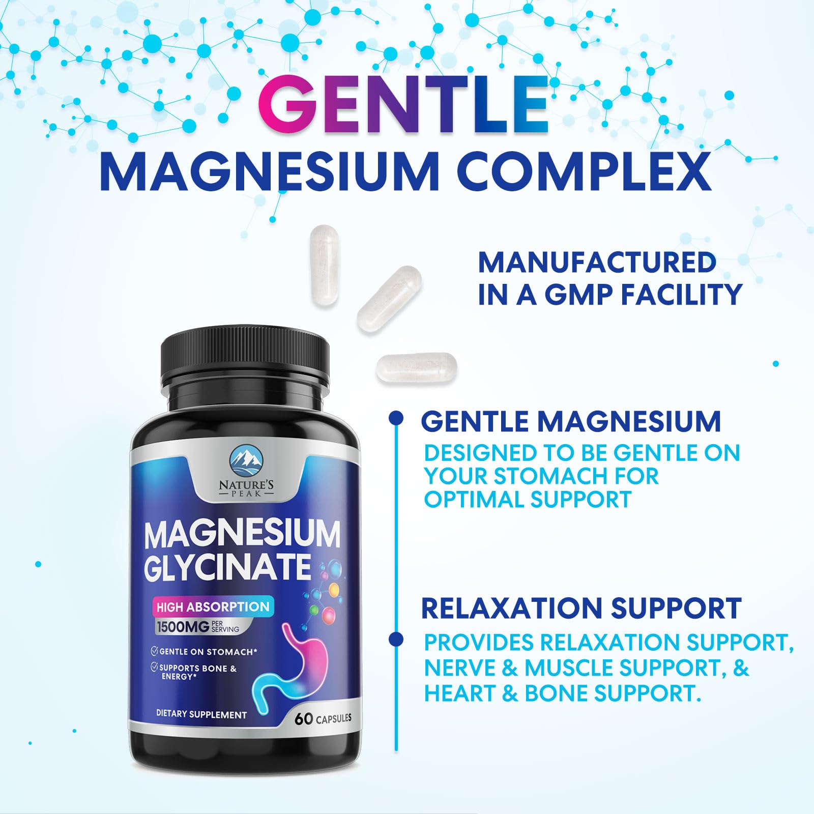 Magnesium Glycinate Supplement - 100% Chelated & Purified - for Calm, Sleep Support, Heart Health, Muscles & Bone Strength - Best Absorption Magnesium Glycinate Capsules, Bottled in USA - 60 Tablets — Amazon image 5