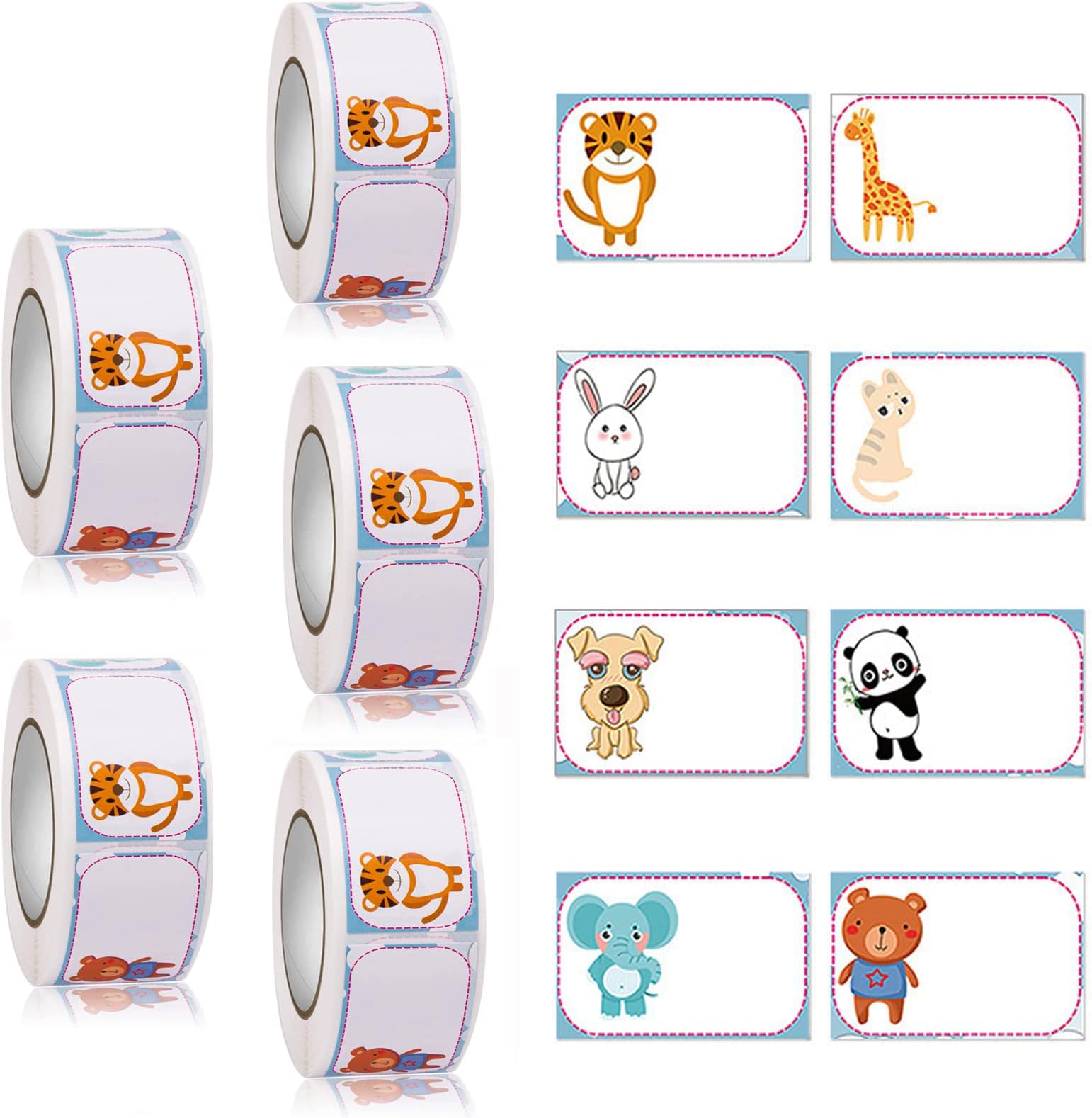 MAKINGTEC Name Tag Stickers Animal Roll Adhesive Labels Name Badge Personalized Border Stick on Kids Clothes Desk Box Mailing Teachers Nursery Office School Home Supplies, 5 Roll 1750 PCS