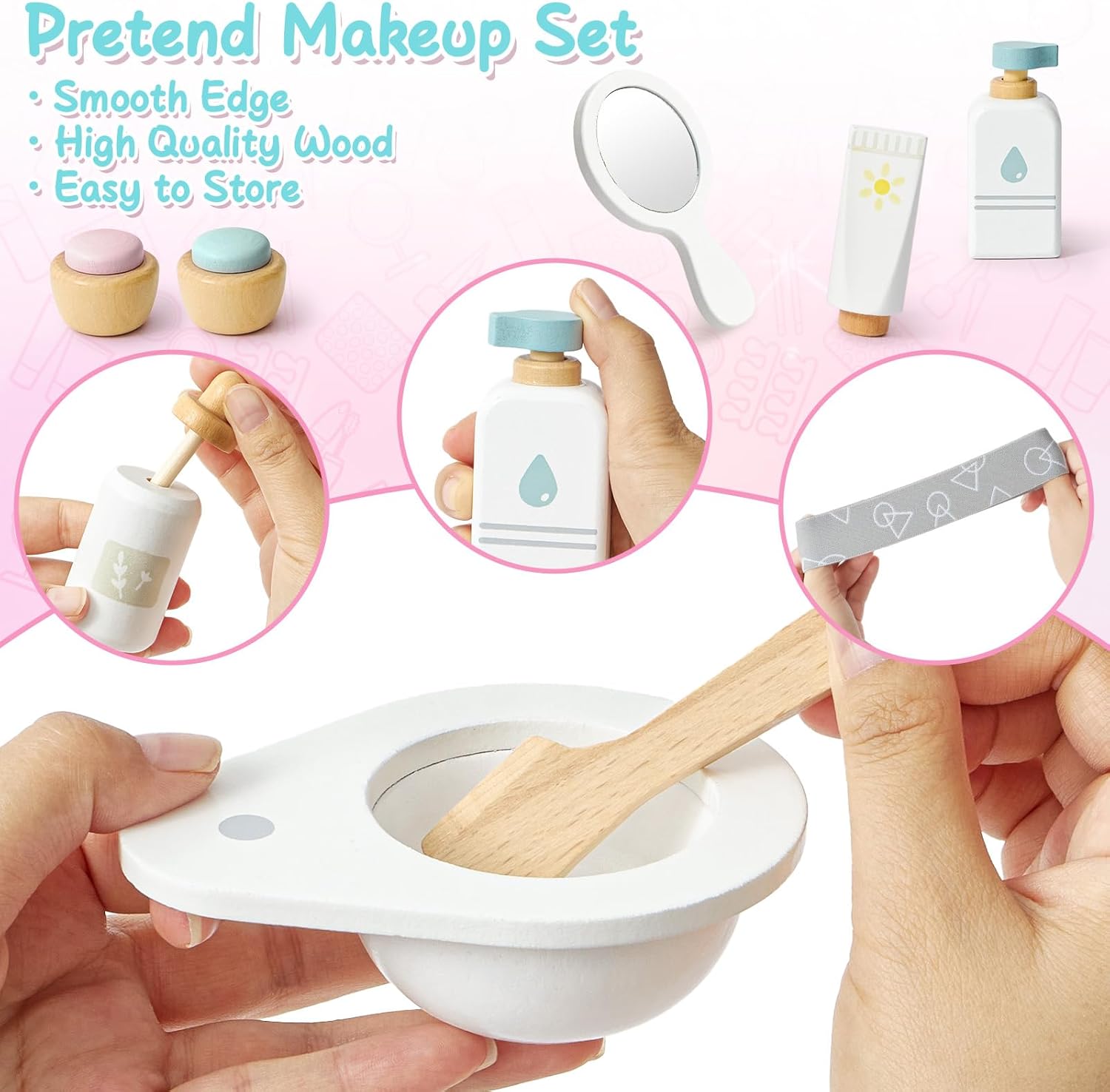 Toyssa Wooden Makeup Toy Set for Girls, Play Pretend Makeup for Toddlers 3-5 Princess Dress Up with Mask & Mirror, Skin Care Set Wooden Toys Christmas Birthday Gifts for 3 4 5 6 Years Girls