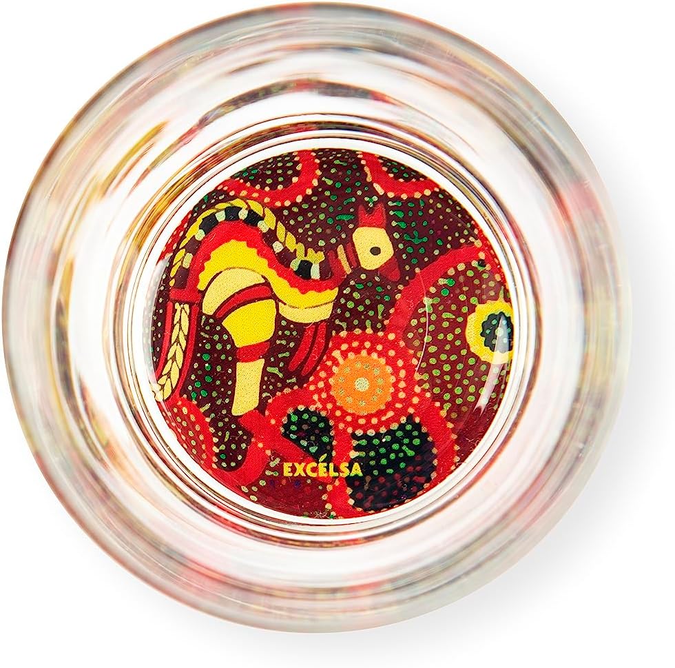 Excelsa Aboriginal Set of 6 Glasses with Decorated Background, Ml. 340, Diameter 8 Cm., Glass