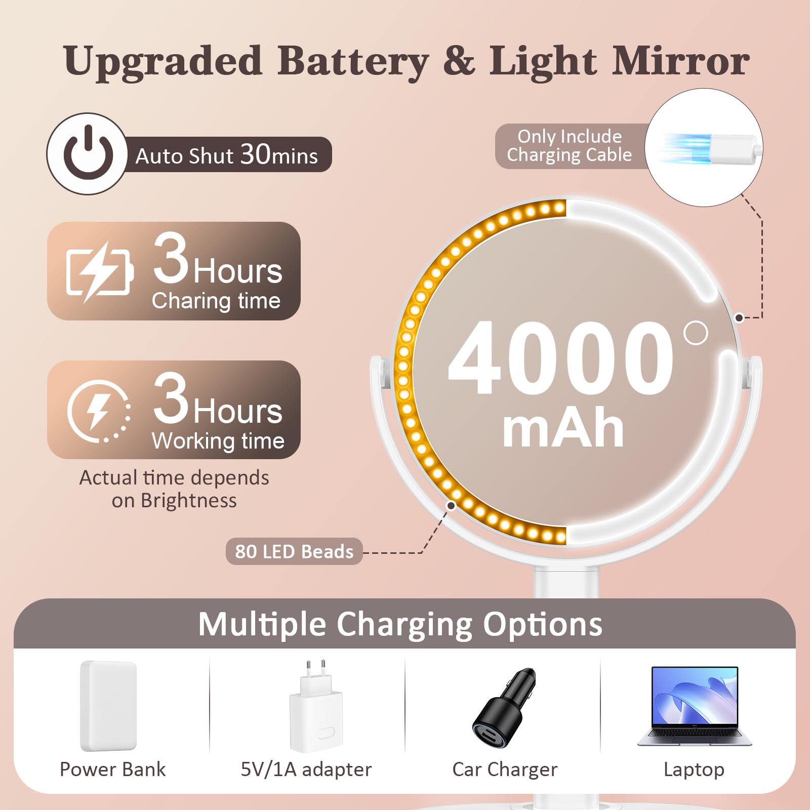 Espejo de maquillaje con luces, aumento 1X/15X con luz LED de 3 niveles, espejo de aumento recargable de 4000 mAh de 2 caras, espejo de escritorio de rotación de 360°, espejo de mesa de altura