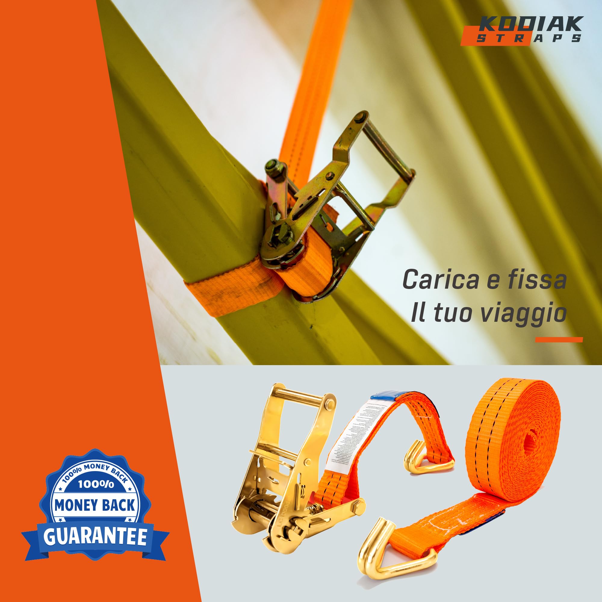 10 Cinghie di Tensione 6m x 2000kg con Cricchetto e Ganci - Cinghie a Cricchetto da 35mm - Cinghia Arancione per la Sicurezza del Carico - Certificato TÜV/GS e secondo DIN EN 12195-2 - KODIAK STRAPS