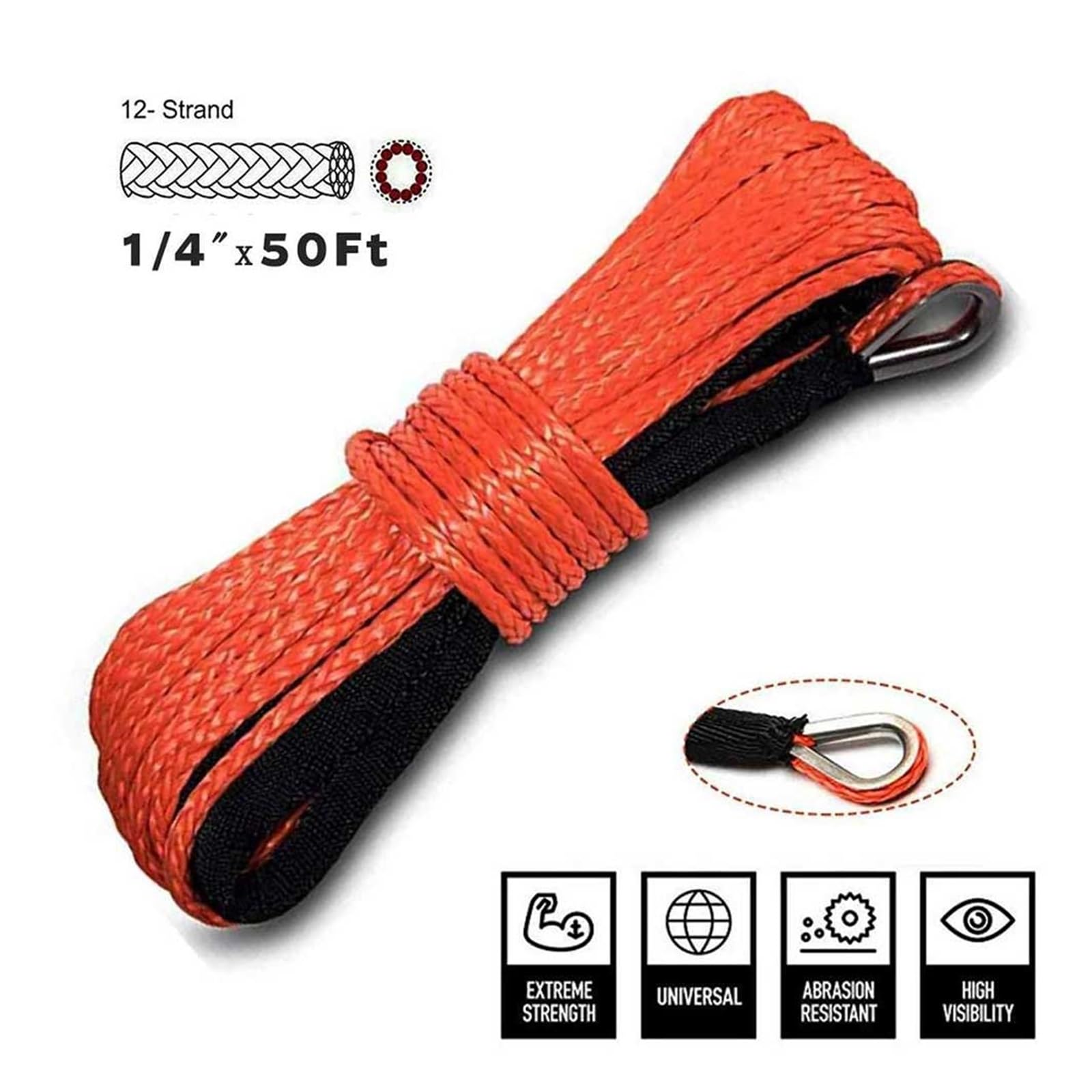 1/4 ''x 50' ciężarówka łódź awaryjna wymiana samochodu akcesoria zewnętrzne syntetyczna wciągarka linowa kabel ATV UTV 7700lbs lina holownicza(Oranje)