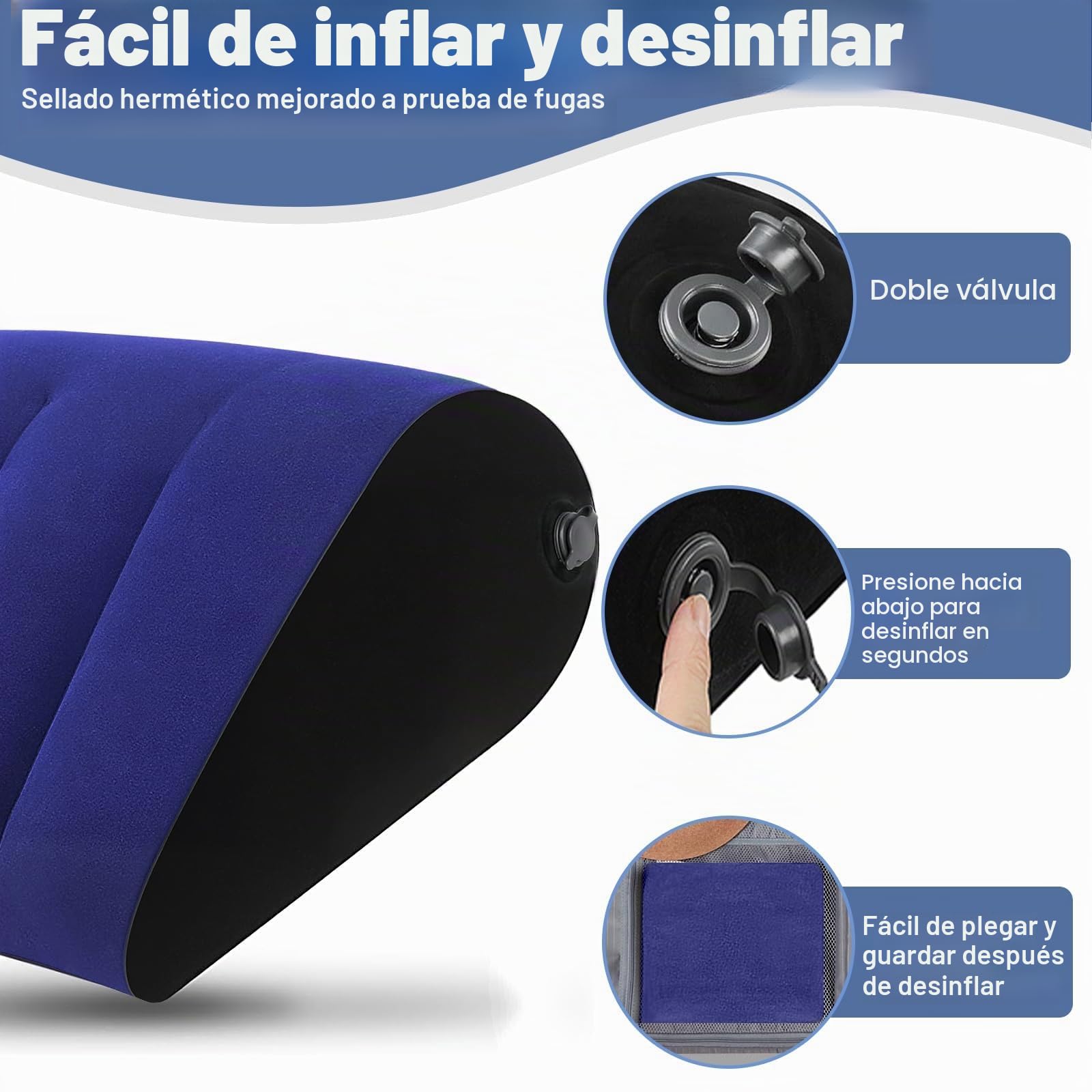 Cojín Cuña Hinchable Ajustable para Cama – Almohada Antirreflujo Adultos, Cojín Inflable para Piernas, Rodillas y Espalda, Portátil para Viaje, Playa y Camping (Azul)