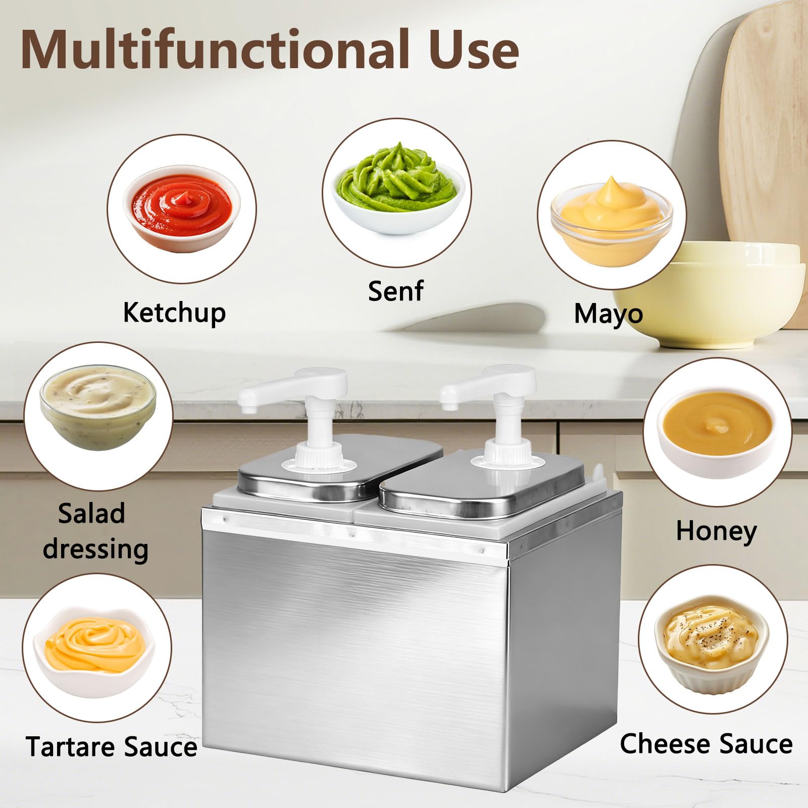 Dispensador de salsa de tomate de 4 litros, de acero inoxidable 304, apto para alimentos, 2 cabezales x 2 l, sin goteo, 30 ml por pulsador, apto para lavavajillas, ideal para ketchup, mayonesa, miel