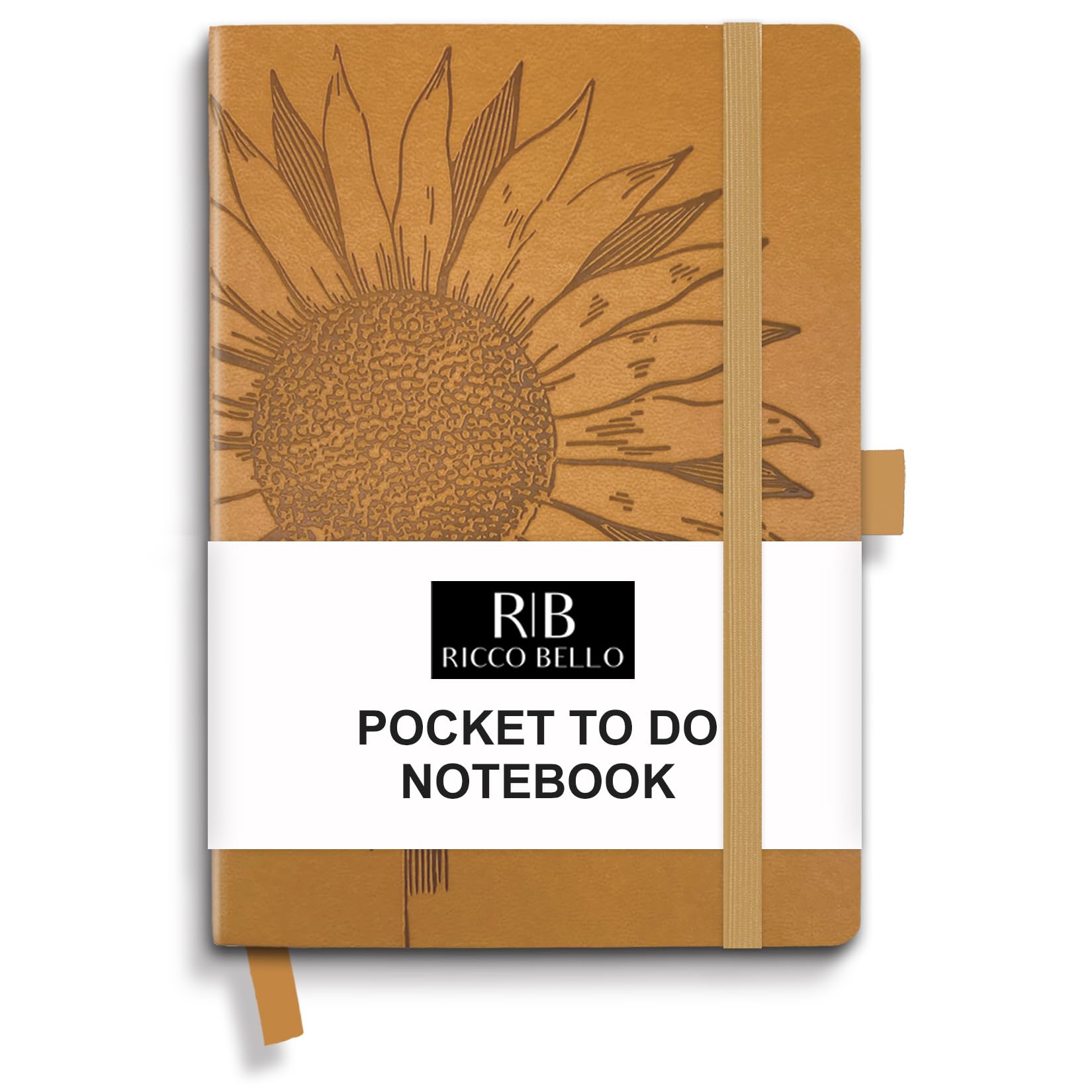 RICCO BELLO Hardcover Pocket to Do List, Undated, Faux Leather Notebook With Pen Holder - Productivity Planner, 4.25 x 6 inches (Sunflower)