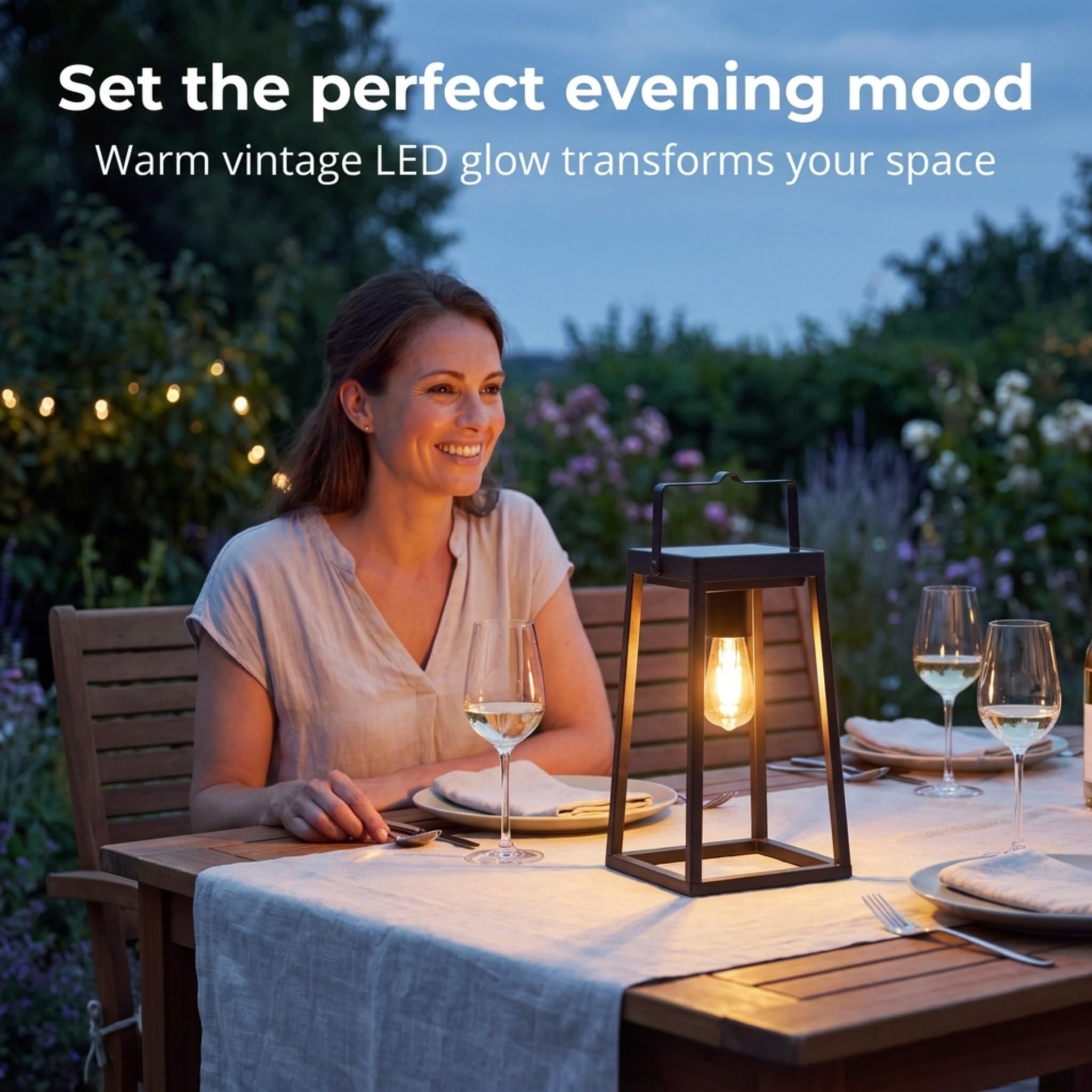 Auraglow Lanterna da Giardino Solare e USB con Lampadina Filamento Vintage | Lampada da tavolo senza fili, batteria 48 ore, opzione crepuscolare, alluminio nero opaco, bagliore LED retrò