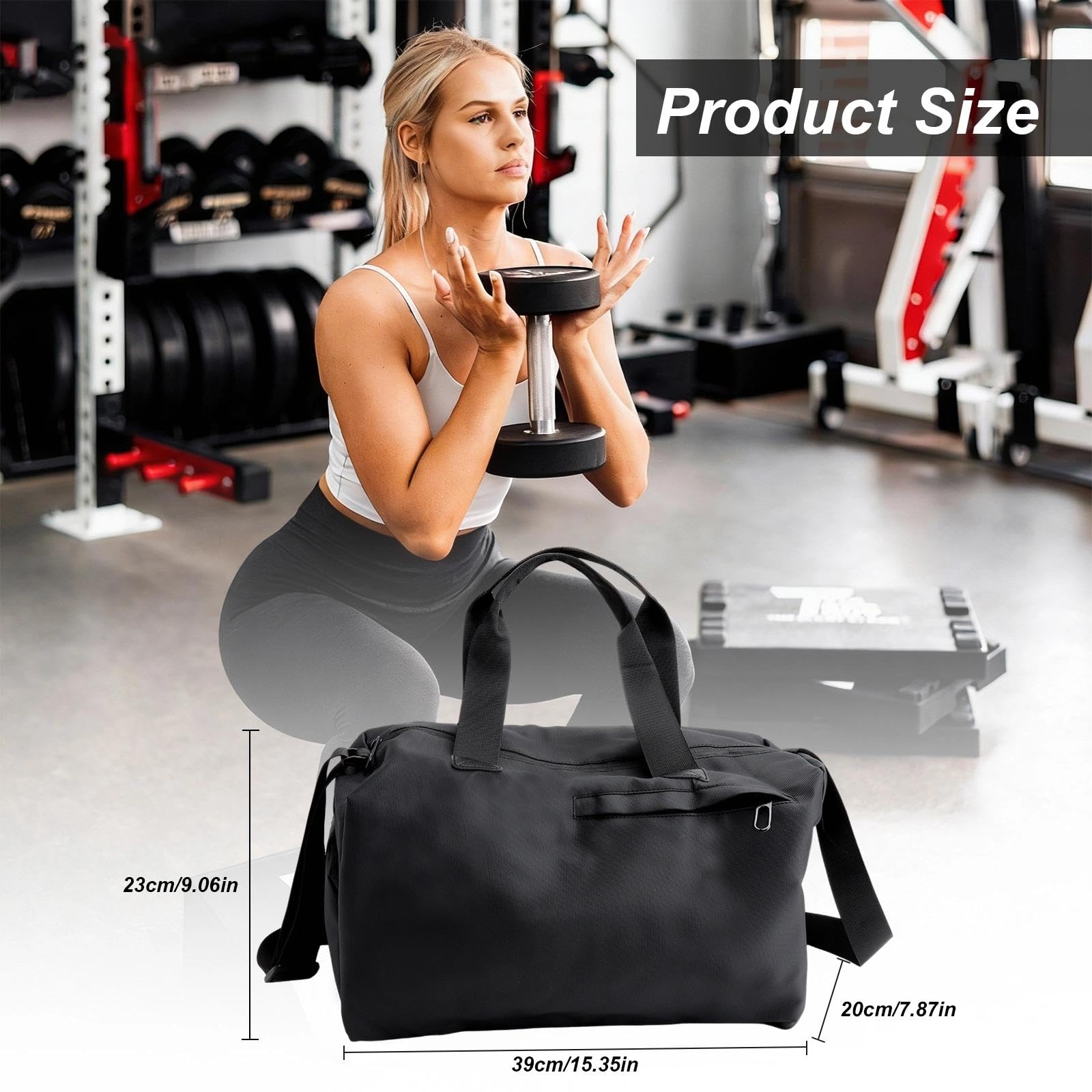 Bolsa de deporte unisex con compartimento húmedo y seco, compartimento para zapatos y múltiples bolsillos, incluye mosquetón blanco, para gimnasio, viajes, natación, color negro