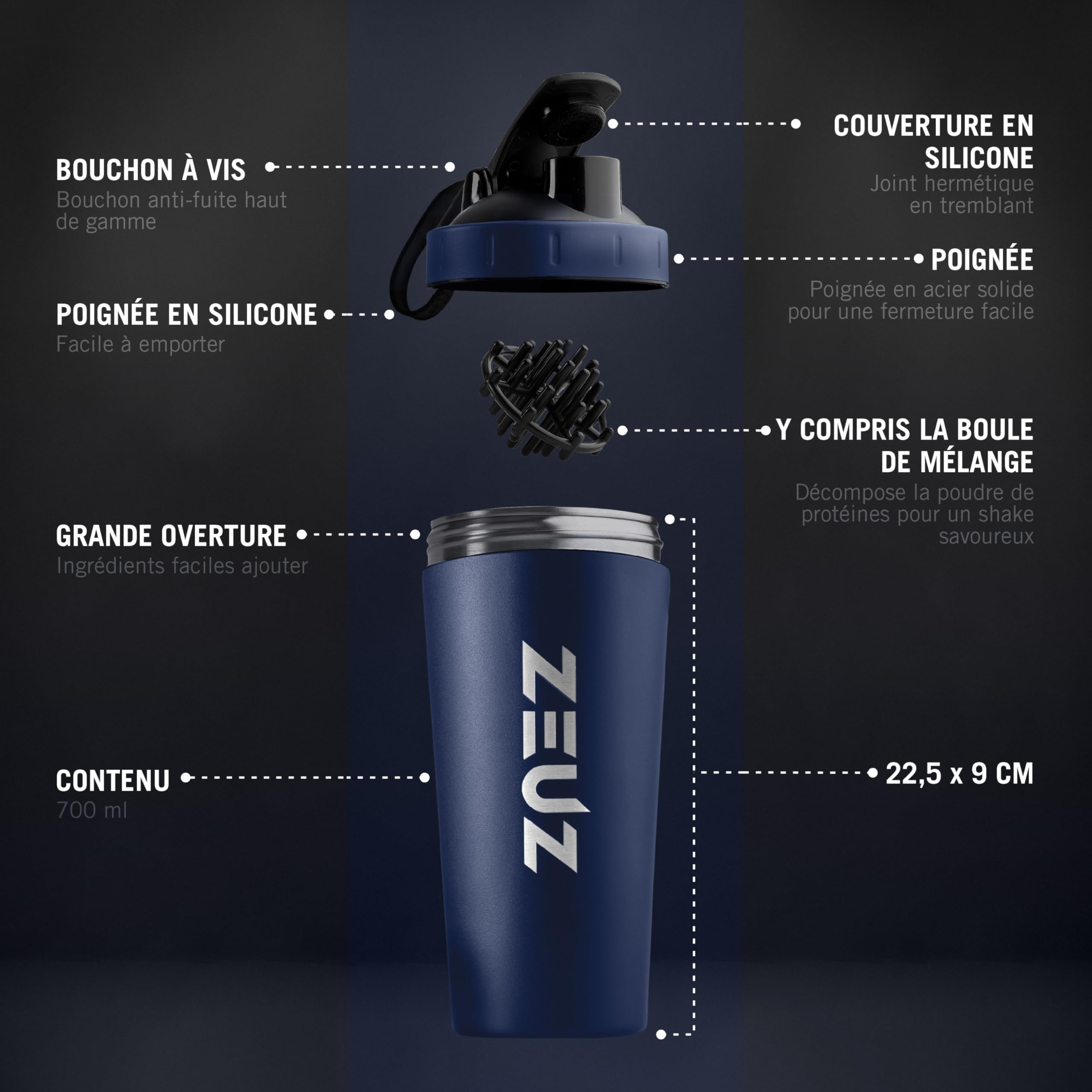 ZEUZ® Tasse à Shake en acier inoxydable de qualité supérieure – Shake Tasse - Sans BPA - 700 ml (Bleu marine)