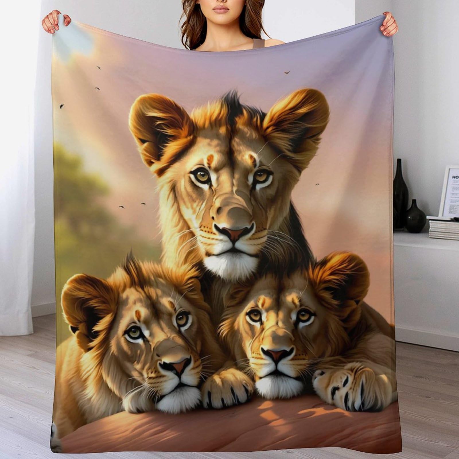 Couverture de canapé lion effet 3D en polaire flannel douce et finitions premium