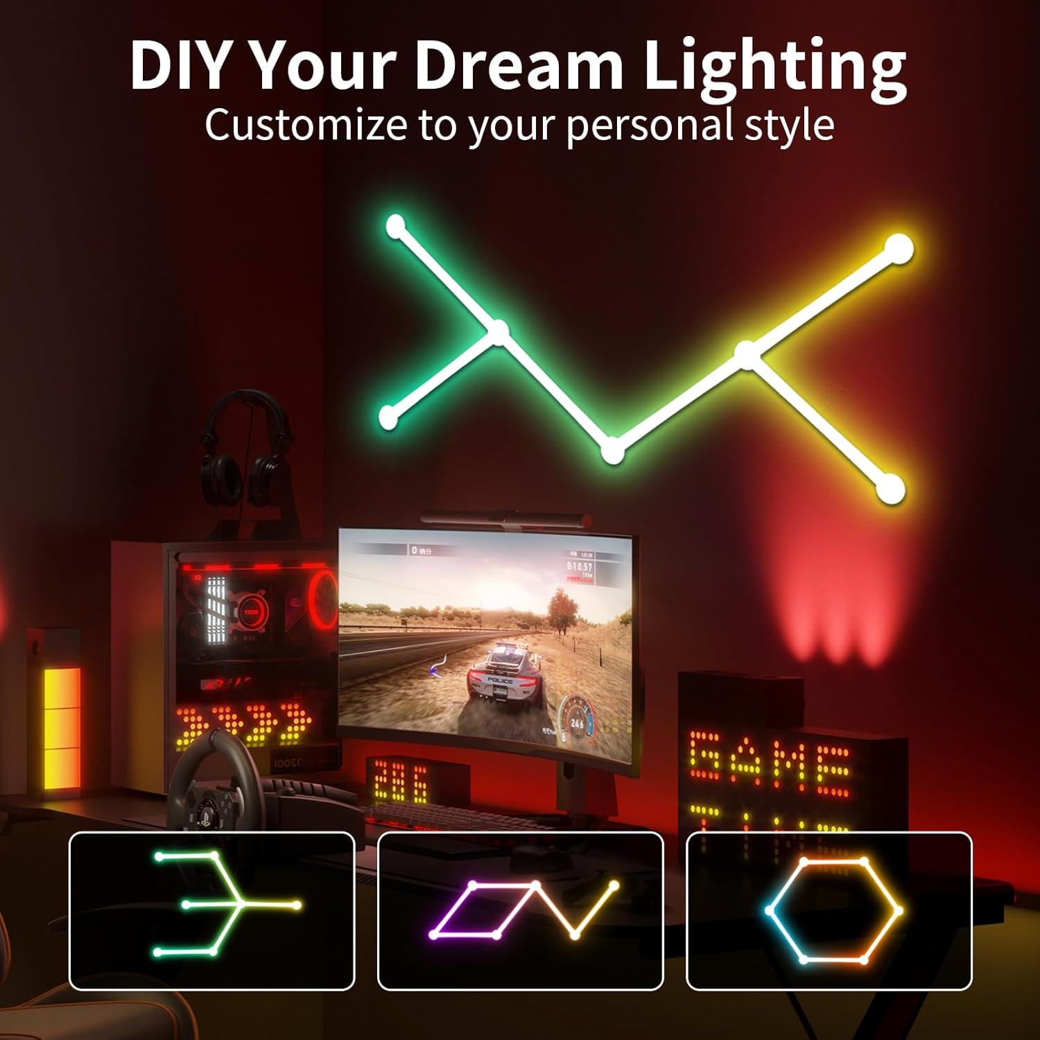 Smart WiFi LED Wall Lights, 16M+ Color Dimmable Gaming Light Works with Alexa and Google Assistant, Music Sync, DIY and Timer Feature, RGB Light Bars for Gaming Room, Bedroom (6 Pcs,White)